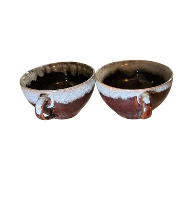 Vintage Brown Drip Glaze Stoneware Tea Cups Pair Mid Century - Thumbnail 3