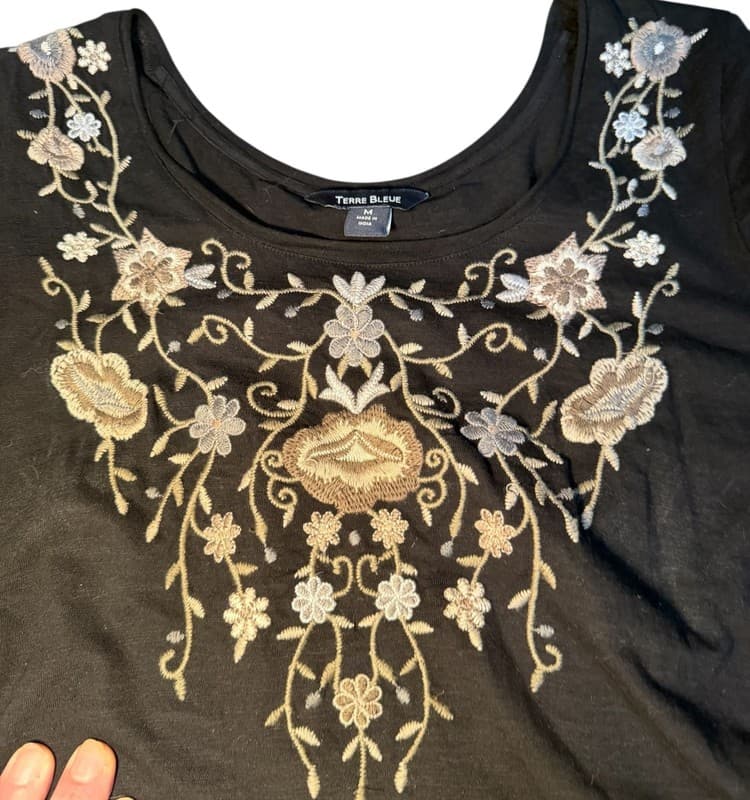 Terre Bleue Women’s Black Embroidered Tunic Top Size M Asymmetrical Hem - Thumbnail 3