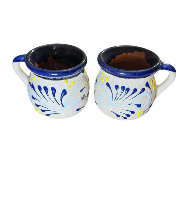 Handmade Mexican Folk Art Stoneware Mugs Set of 2 Blue Yellow - Thumbnail 2