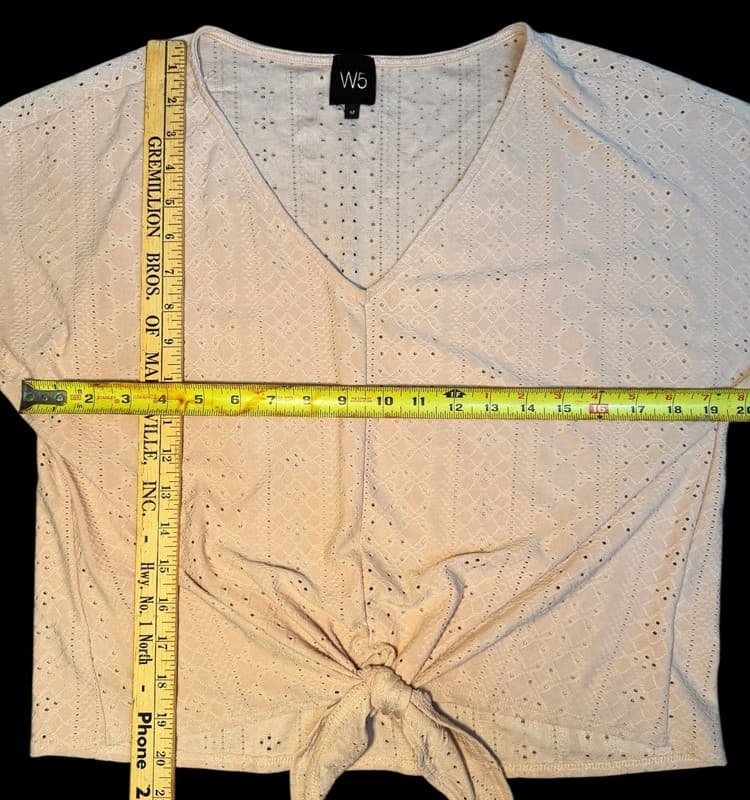 W5 Women’s Eyelet Lace Tie Front Crop Top V-Neck Cream Size M - Thumbnail 4