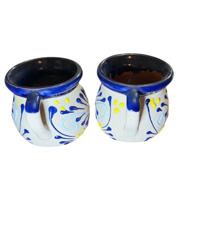 Handmade Mexican Folk Art Stoneware Mugs Set of 2 Blue Yellow - Thumbnail 3