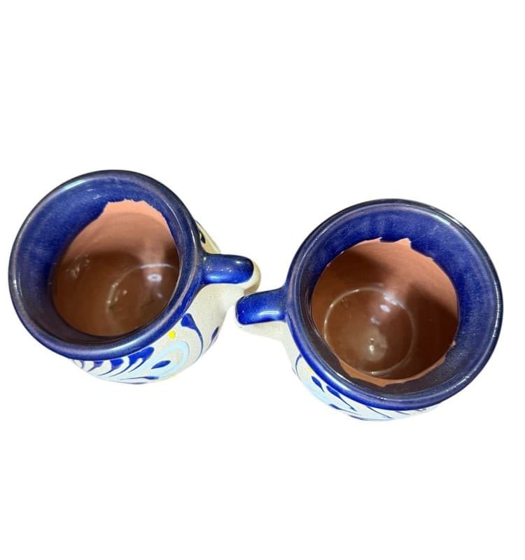 Handmade Mexican Folk Art Stoneware Mugs Set of 2 Blue Yellow - Thumbnail 5