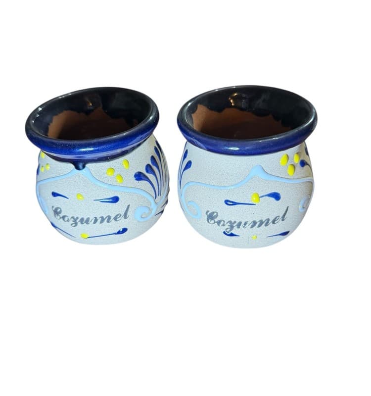 Handmade Mexican Folk Art Stoneware Mugs Set of 2 Blue Yellow - Thumbnail 4