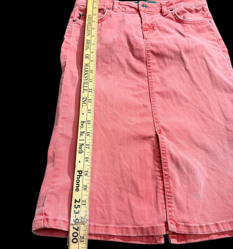 Level 99 Coral Pink Denim Pencil Skirt Women’s Long Jean Skirt Front Slit - Thumbnail 8