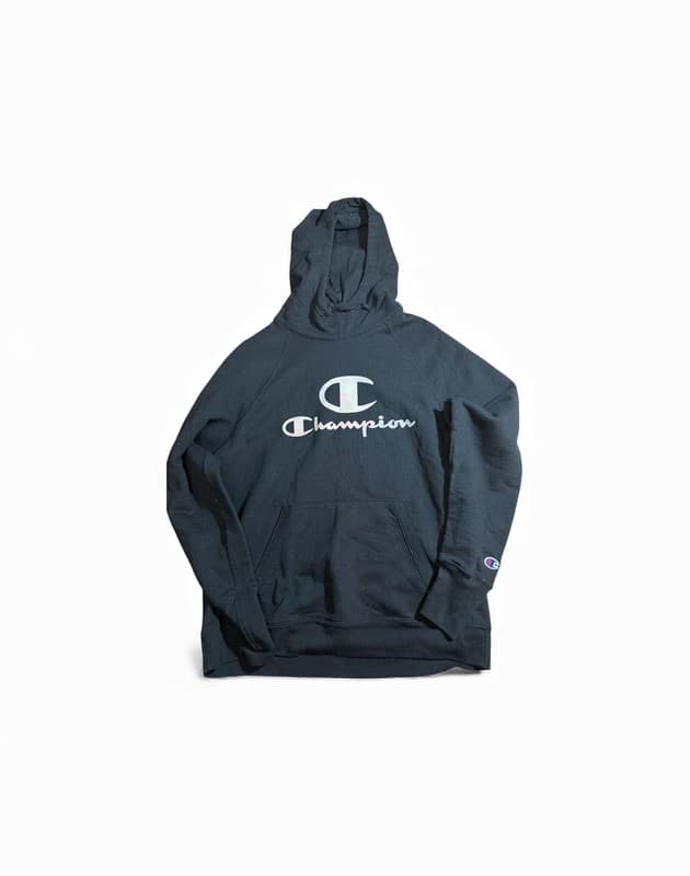 Champion Powerblend Fleece Pullover Hoodie Black Script Logo - Image 1
