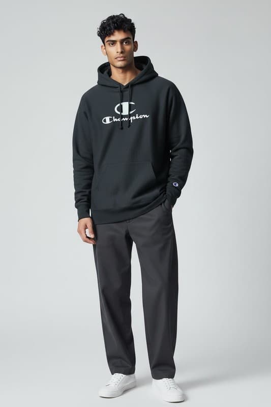 Champion Powerblend Fleece Pullover Hoodie Black Script Logo - Thumbnail 2