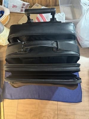 Black Leather Rolling Wheeled Laptop Briefcase Mobile Office Pilot Case - Thumbnail 2