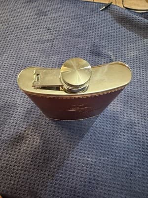 Crown Royal 8oz Stainless Steel Hip Flask Brown Leather Wrap NEW Never Used - Thumbnail 9