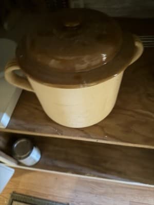 Vintage Stoneware Bean Pot Crock with Brown Drip Glaze Lid - Image 1