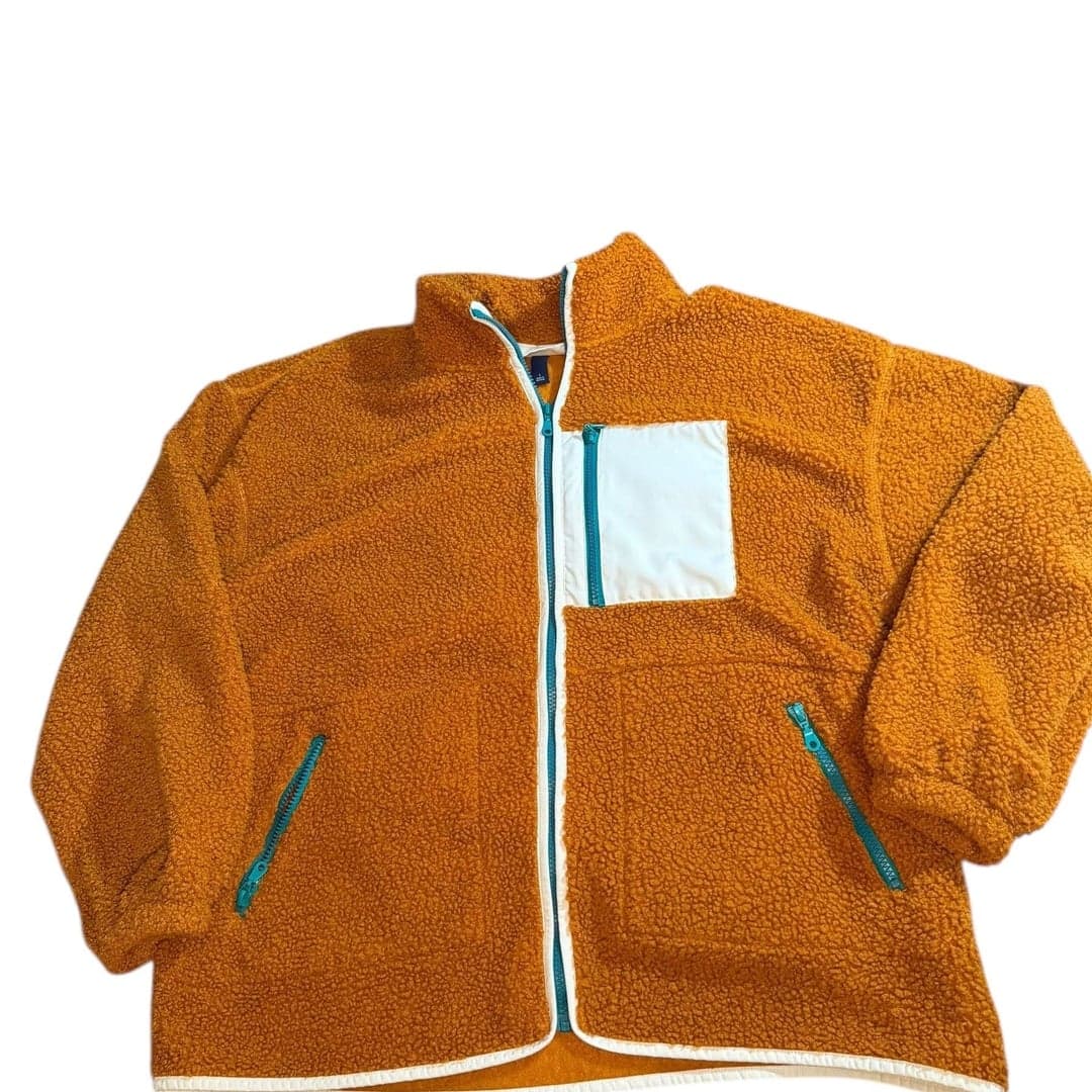 Universal Thread Sherpa Fleece Hooded Jacket Orange Teal Zip Size L - Image 1