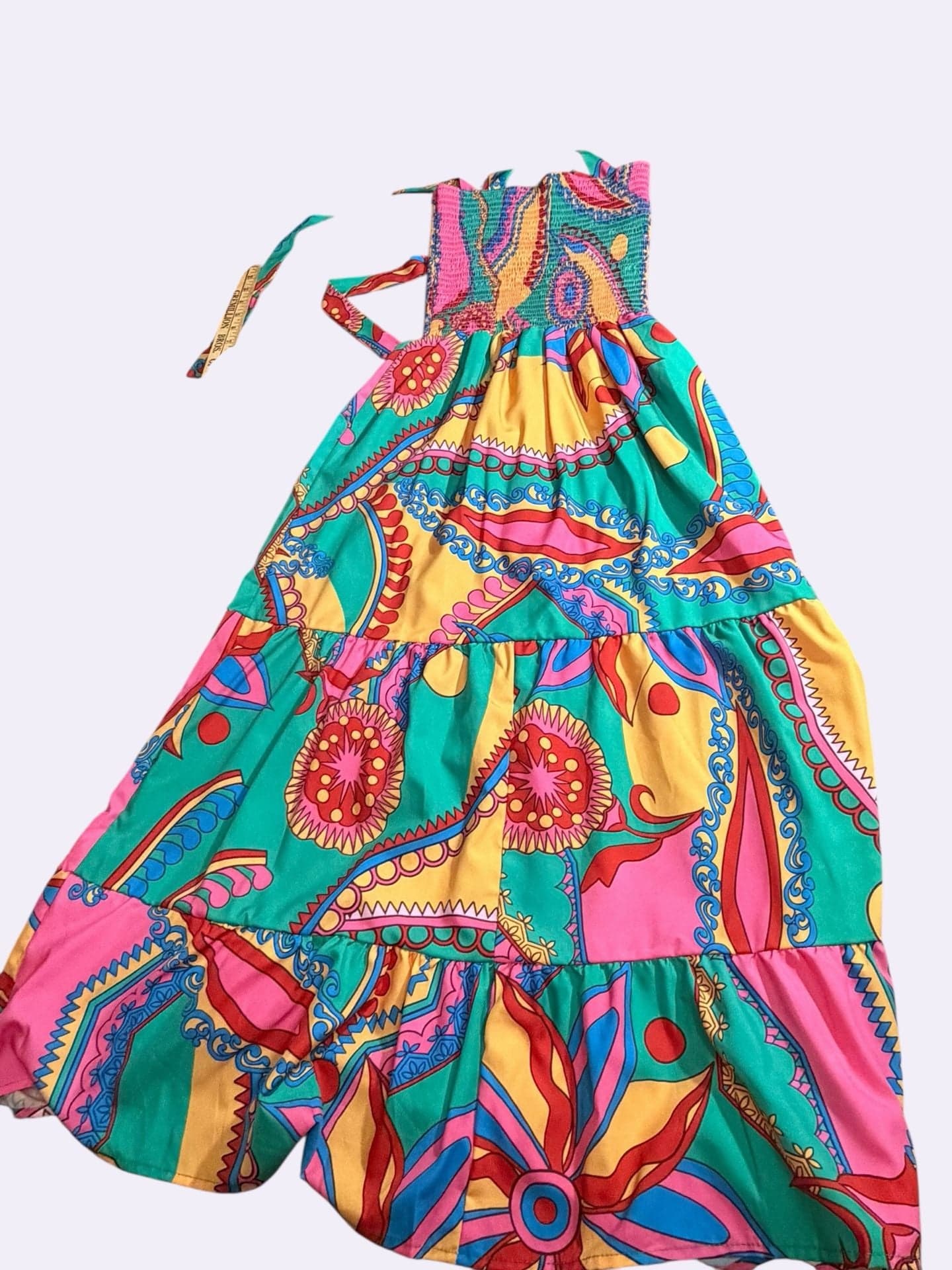 Sun Day Up Women's Colorful Boho Paisley Print Smocked Tiered Maxi Sundress - Thumbnail 2