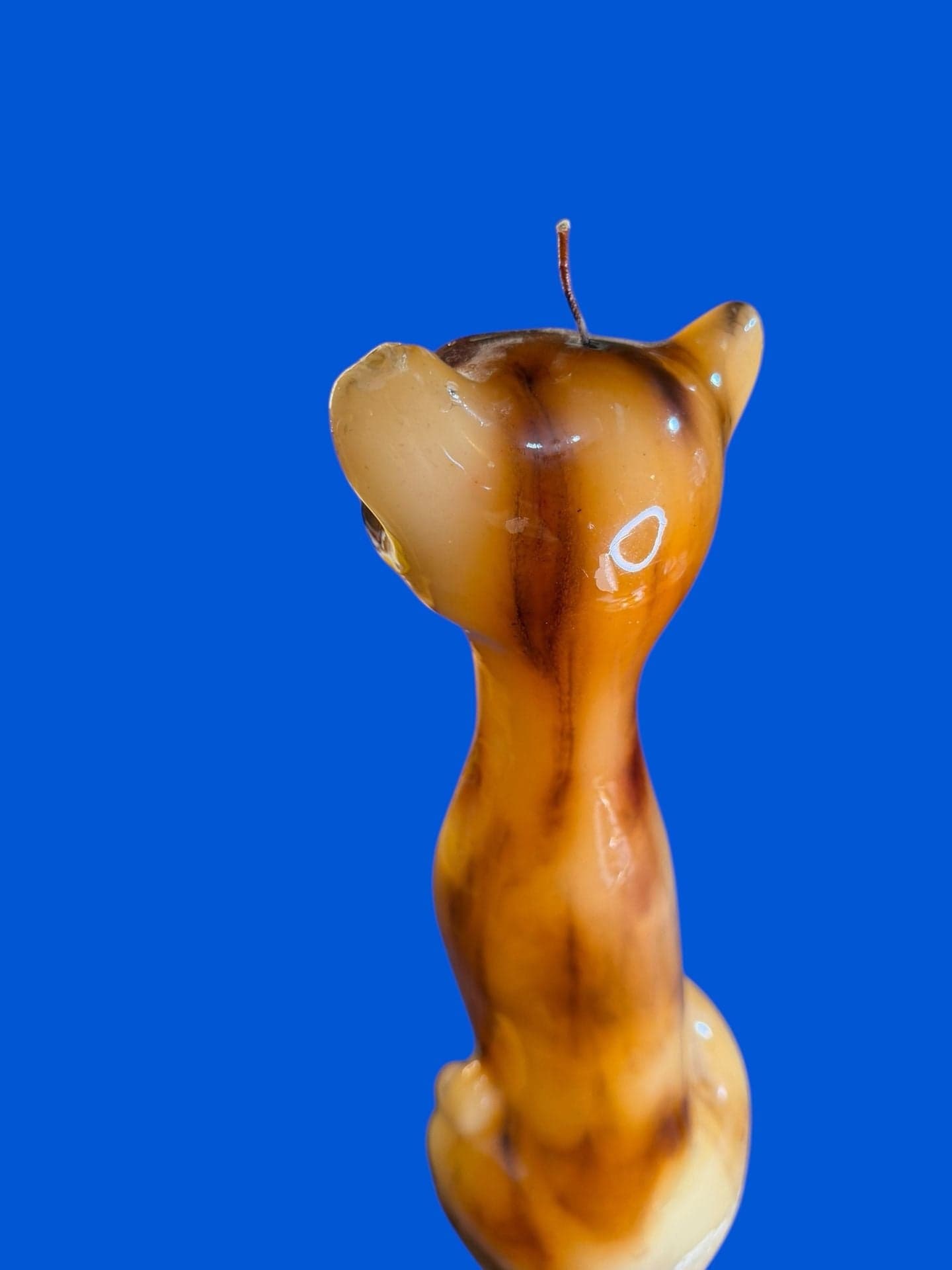 Vintage 16 Inch Mid-Century Modern Tall Amber Cat Candle with Plastic Eyes - Thumbnail 3