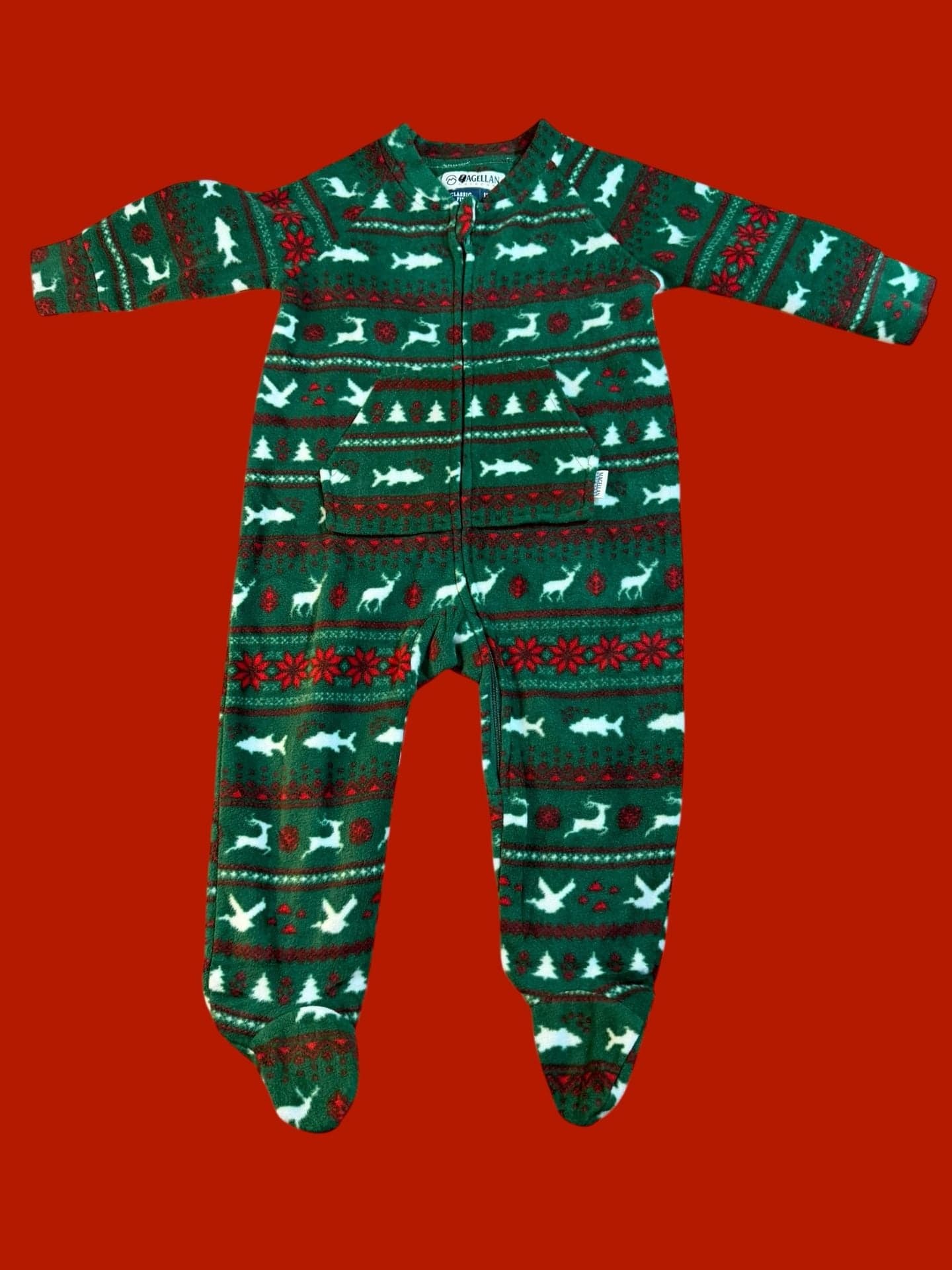 Magellan Outdoors Infant Holiday Fair Isle Fleece Footed Romper, Green, 12/18M - Image 1