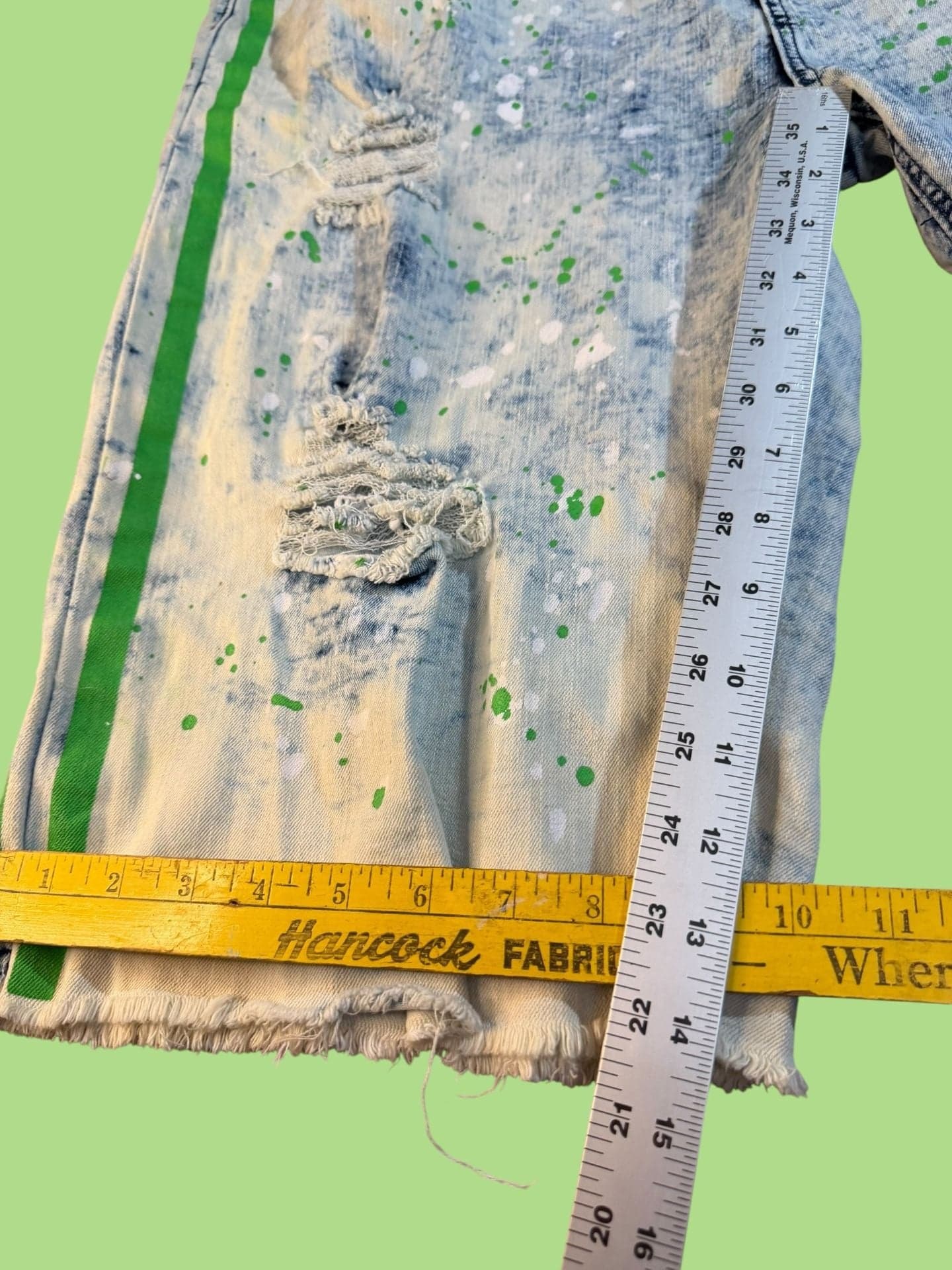 Waimea Mens Size 42 Skinny Fit Neon Splatter Distressed Side Stripe Denim Short - Thumbnail 10