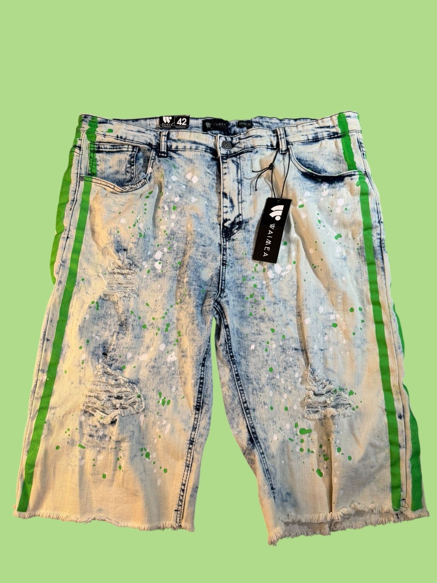 Waimea Mens Size 42 Skinny Fit Neon Splatter Distressed Side Stripe Denim Short - Thumbnail 8