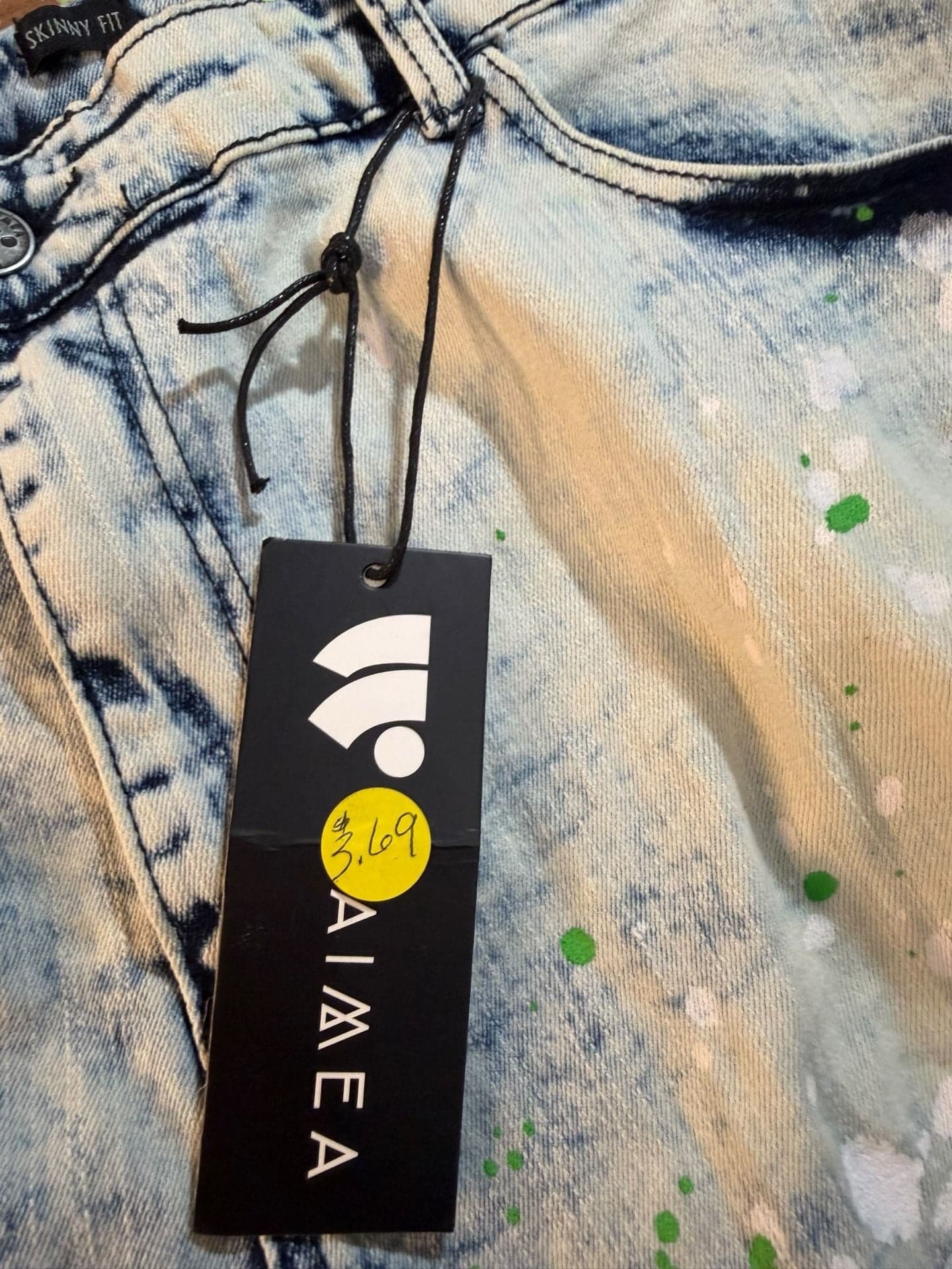 Waimea Mens Size 42 Skinny Fit Neon Splatter Distressed Side Stripe Denim Short - Thumbnail 4