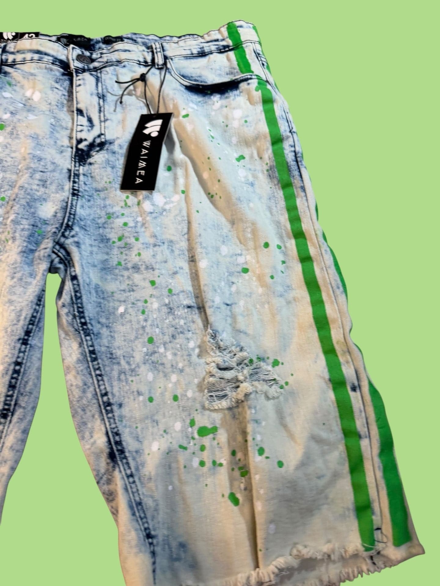 Waimea Mens Size 42 Skinny Fit Neon Splatter Distressed Side Stripe Denim Short - Thumbnail 9