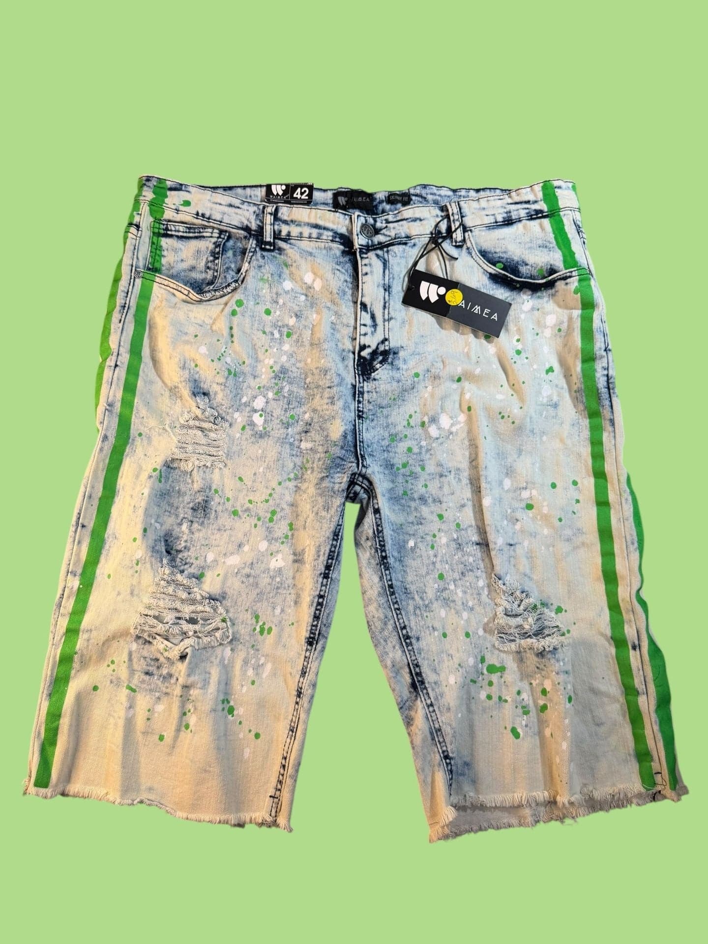 Waimea Mens Size 42 Skinny Fit Neon Splatter Distressed Side Stripe Denim Short - Image 1