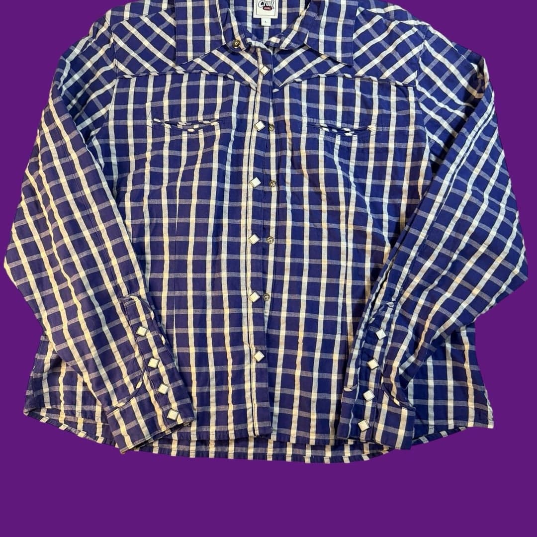 Cruel Girl Blue and White Plaid Western Pearl Snap Long Sleeve Shirt Size L - Image 1