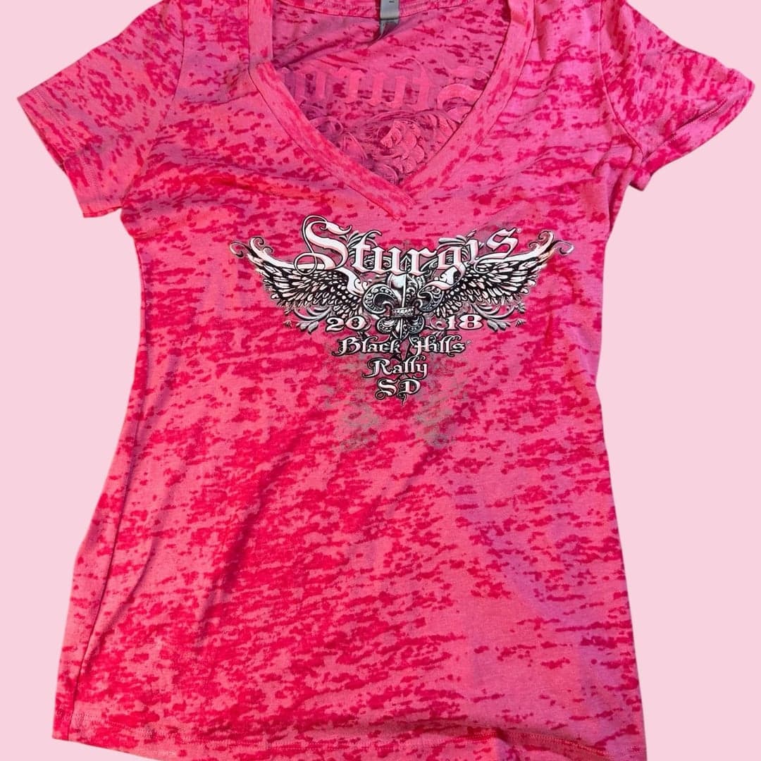 Sturgis 2018 Black Hills Rally SD Pink Burnout V-Neck T-Shirt - Image 1