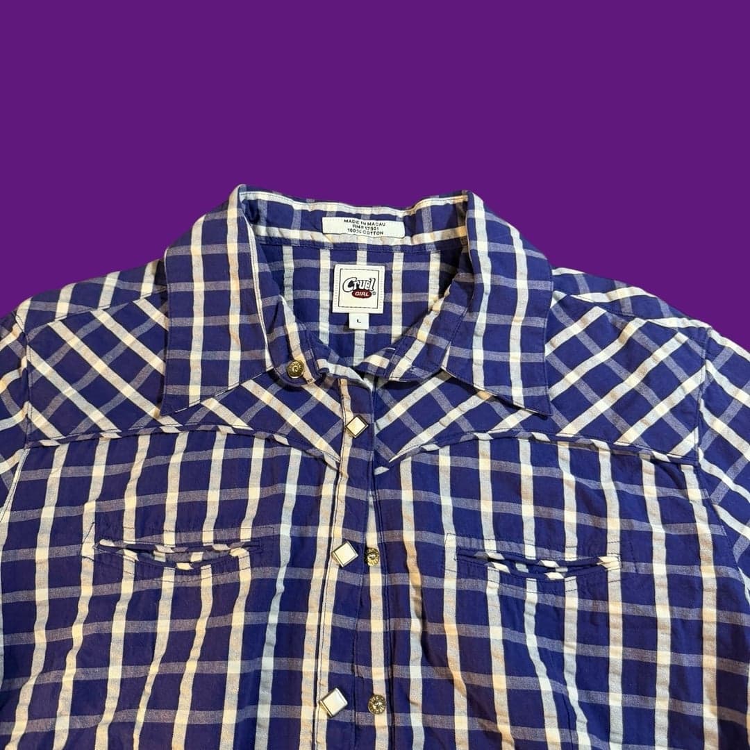 Cruel Girl Blue and White Plaid Western Pearl Snap Long Sleeve Shirt Size L - Thumbnail 5