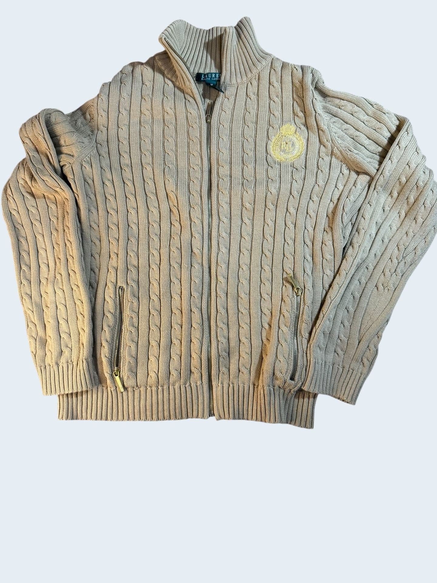 Lauren Ralph Lauren Women's Tan Cable Knit Full Zip Crest Cardigan Sweater M - Image 1