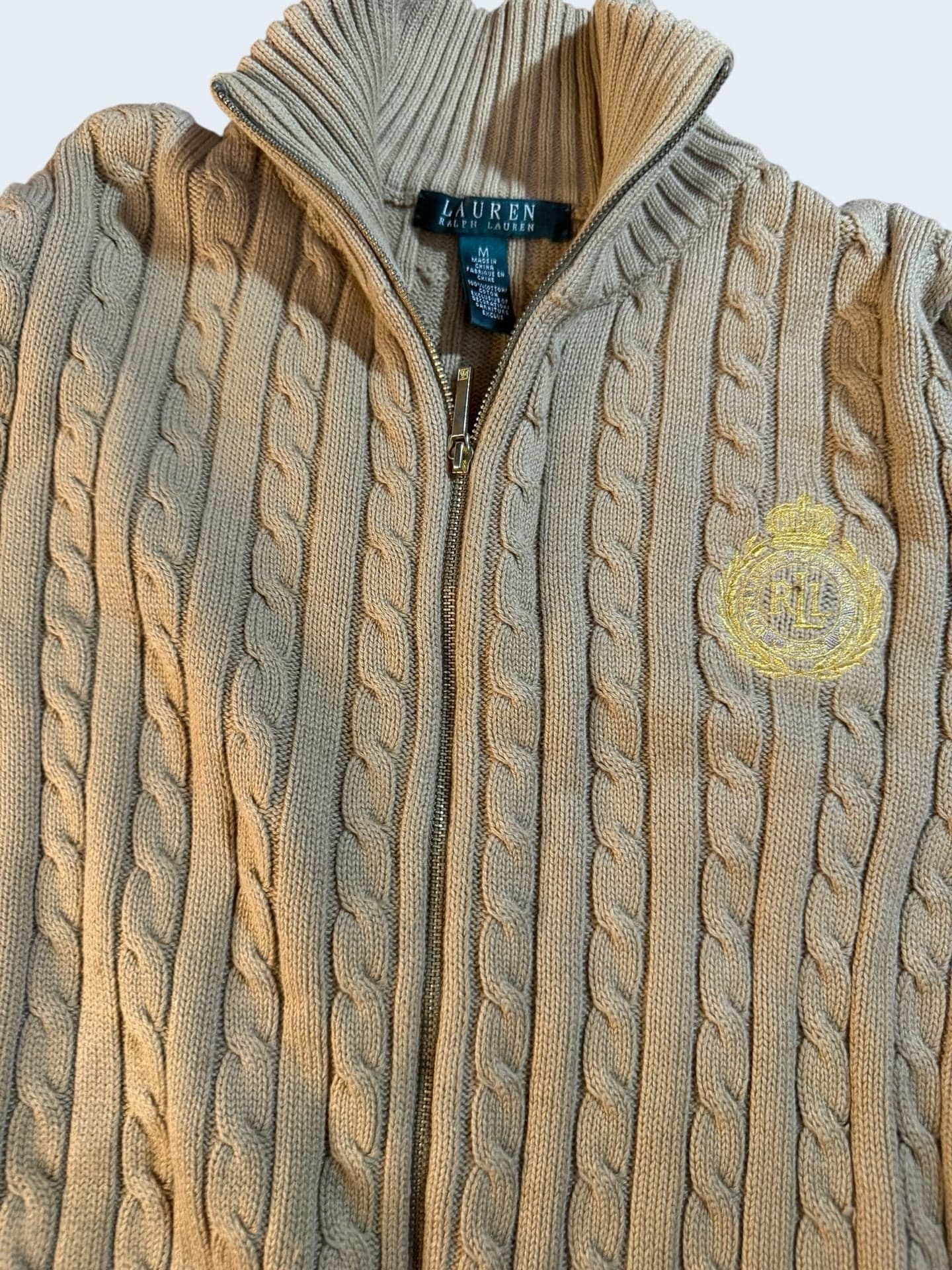 Lauren Ralph Lauren Women's Tan Cable Knit Full Zip Crest Cardigan Sweater M - Thumbnail 9