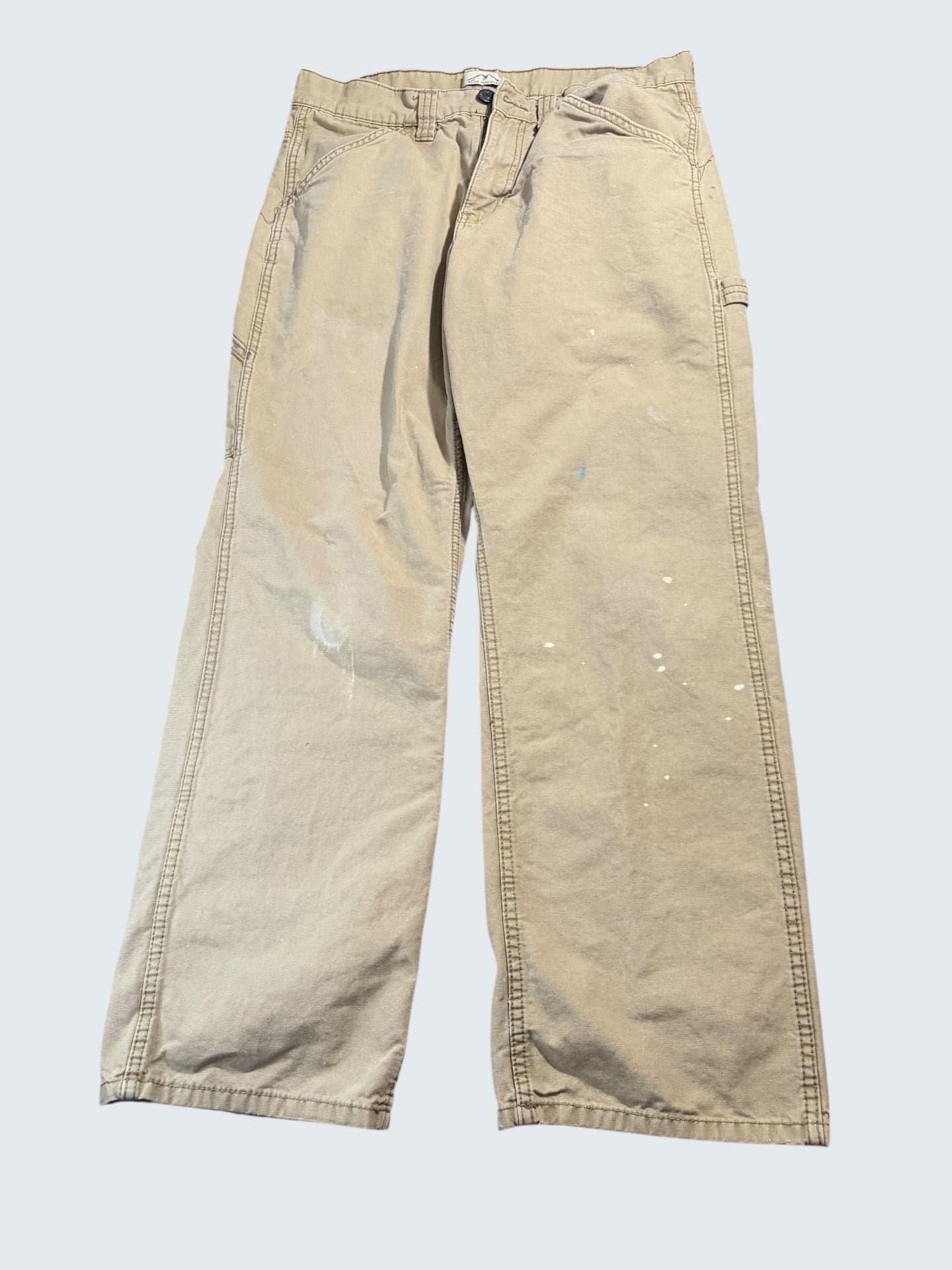 Blue Mountain Men's Canvas Carpenter Work Pants 34x32 Tan Distressed Paint Spla - Image 1