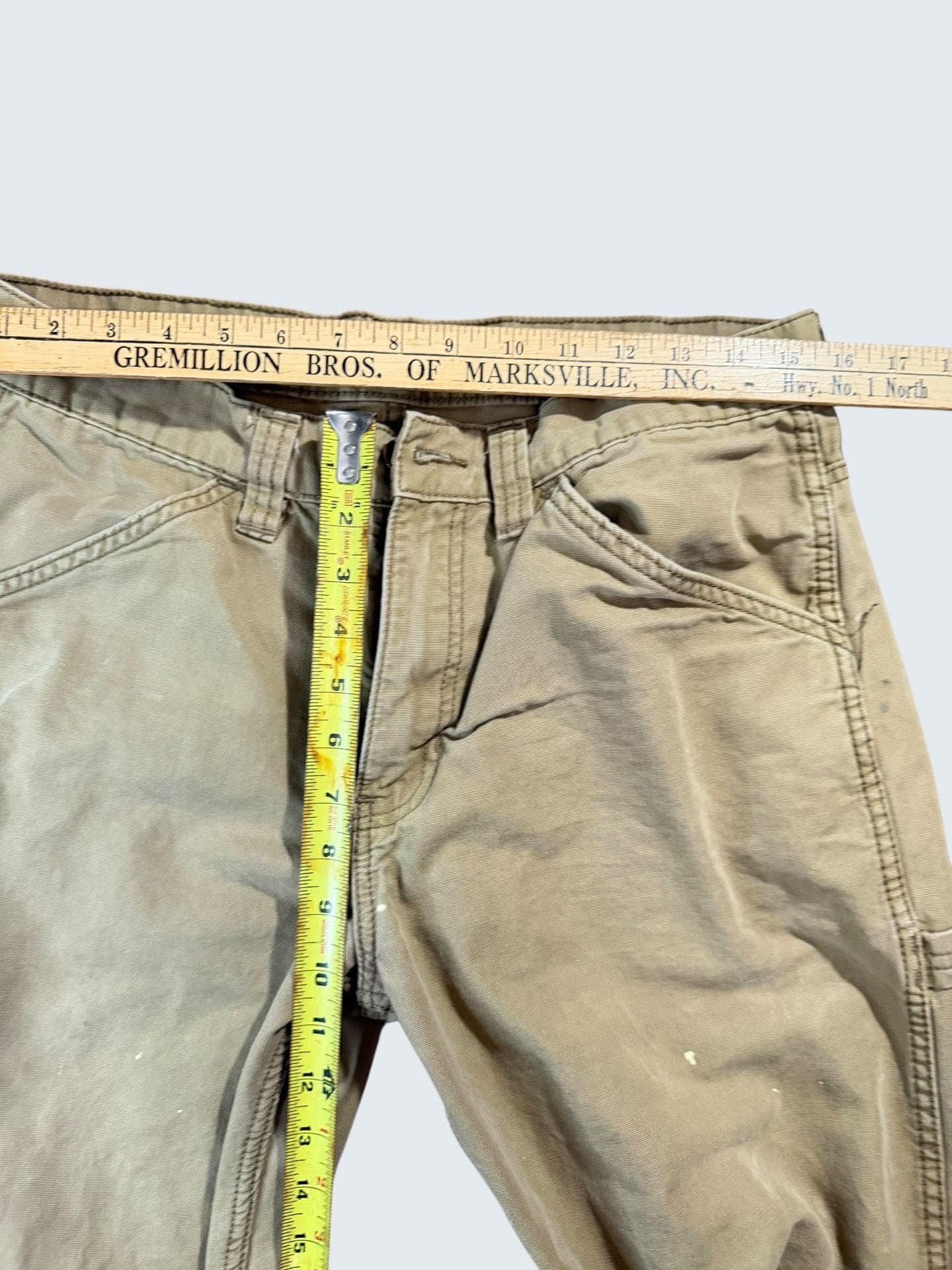 Blue Mountain Men's Canvas Carpenter Work Pants 34x32 Tan Distressed Paint Spla - Thumbnail 7