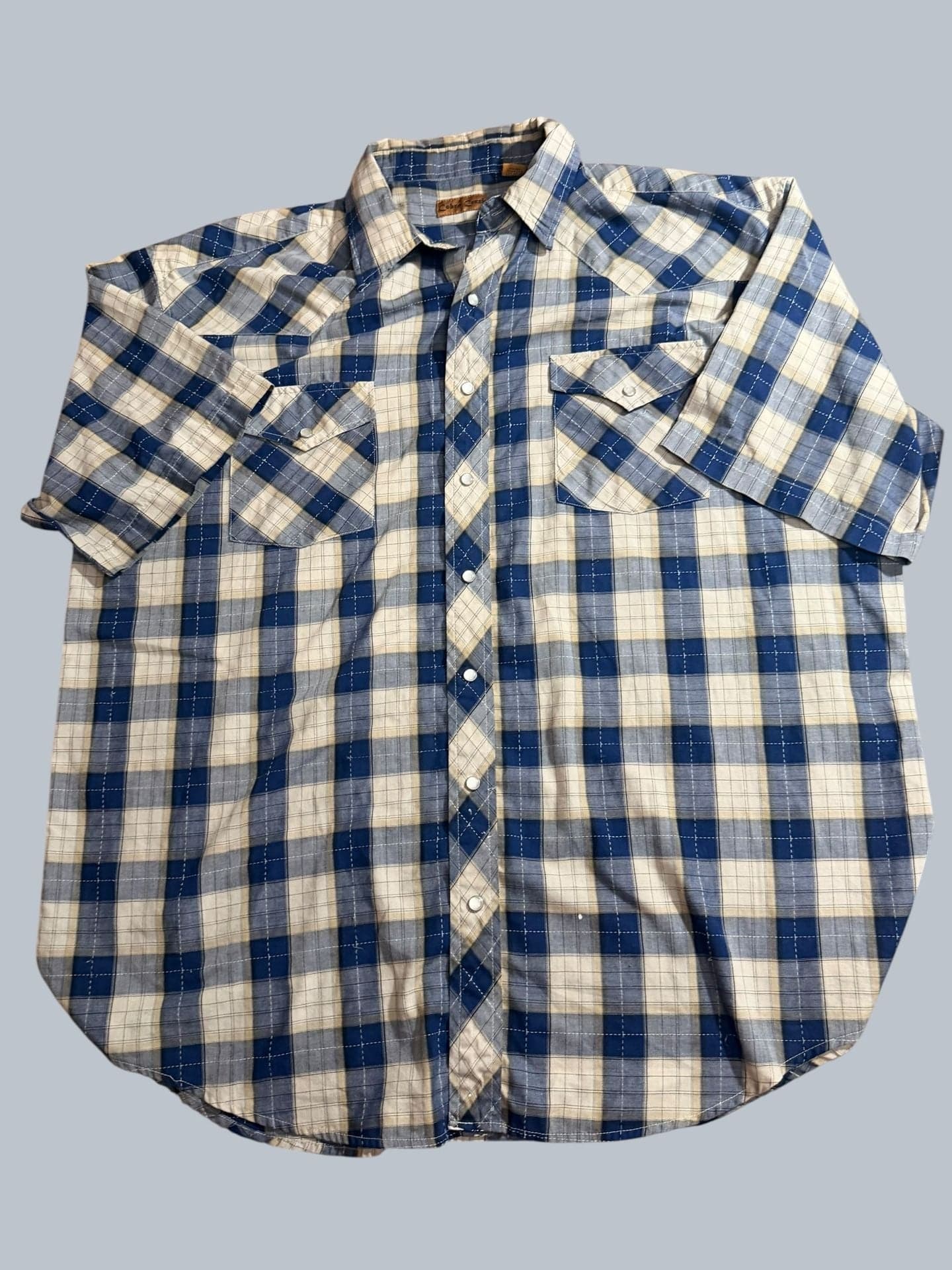 Cobra Creek Men's 2XLT Blue and Tan Plaid Short Sleeve Pearl Snap Western Shirt - Image 1