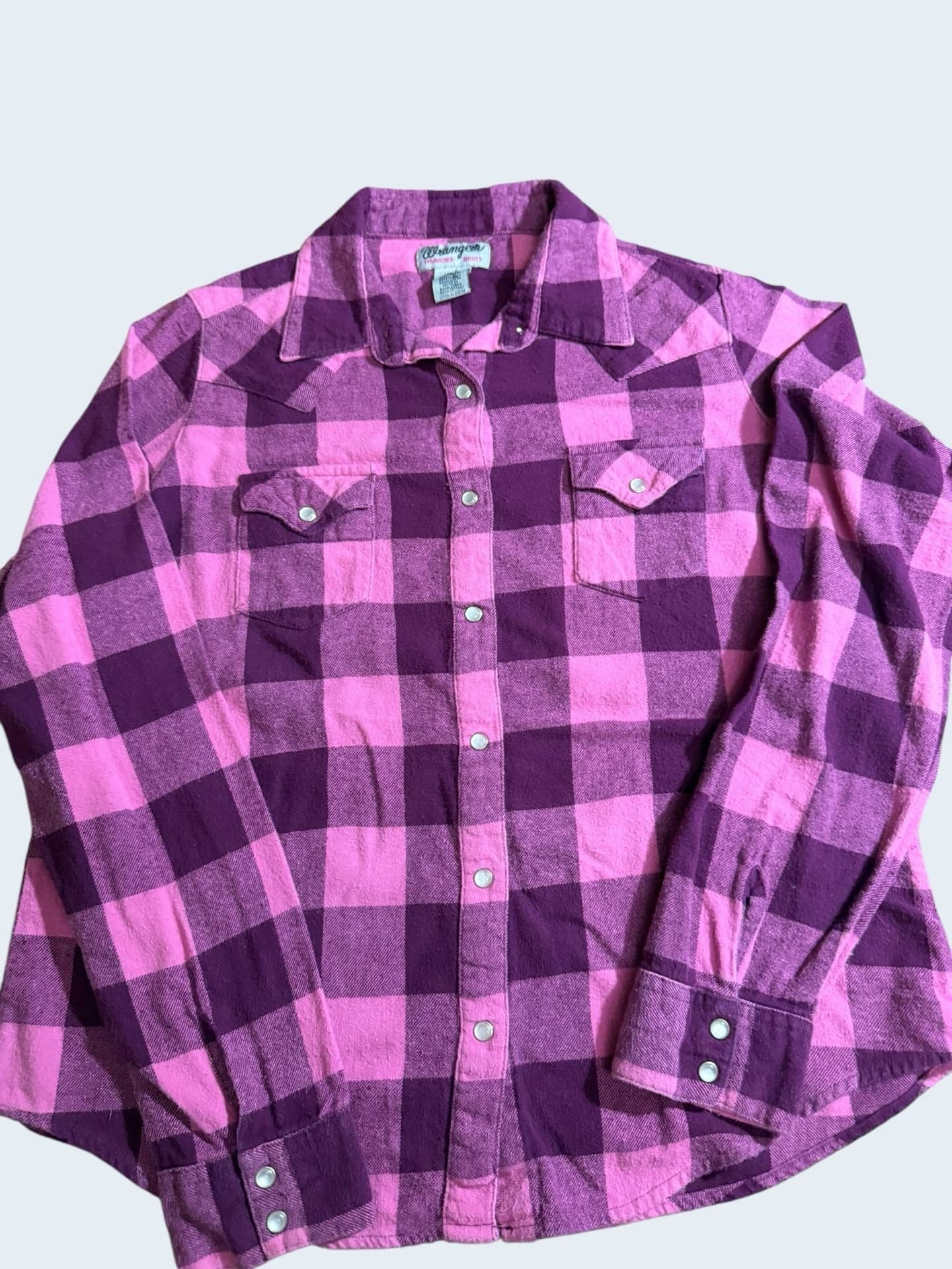 Wrangler Women's Pink and Purple Buffalo Plaid Pearl Snap Western Flannel Shirt - Image 1