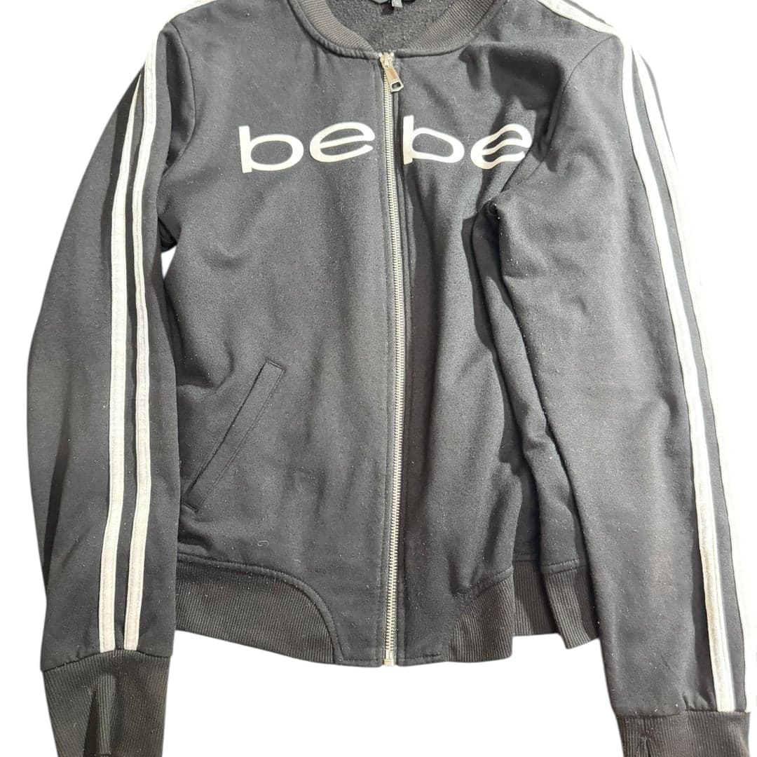 Bebe Sport Women's Black Track Jacket Logo Zip Up Bomber Fleece Lined Size L - Image 1