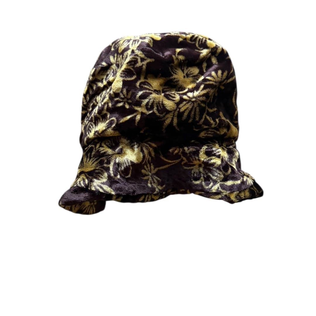 Y2K Brown Gold Floral Velvet Bucket Hat Soft Viscose Made in India - Image 1
