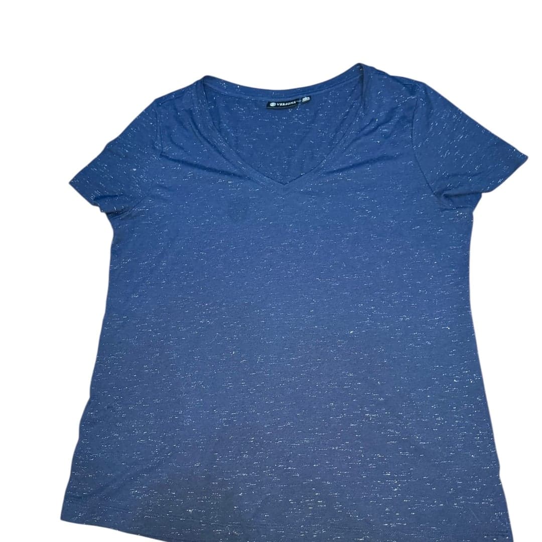 VersoNA Women’s Navy Blue Metallic Fleck Knit Top Short Sleeve Size Large - Image 1