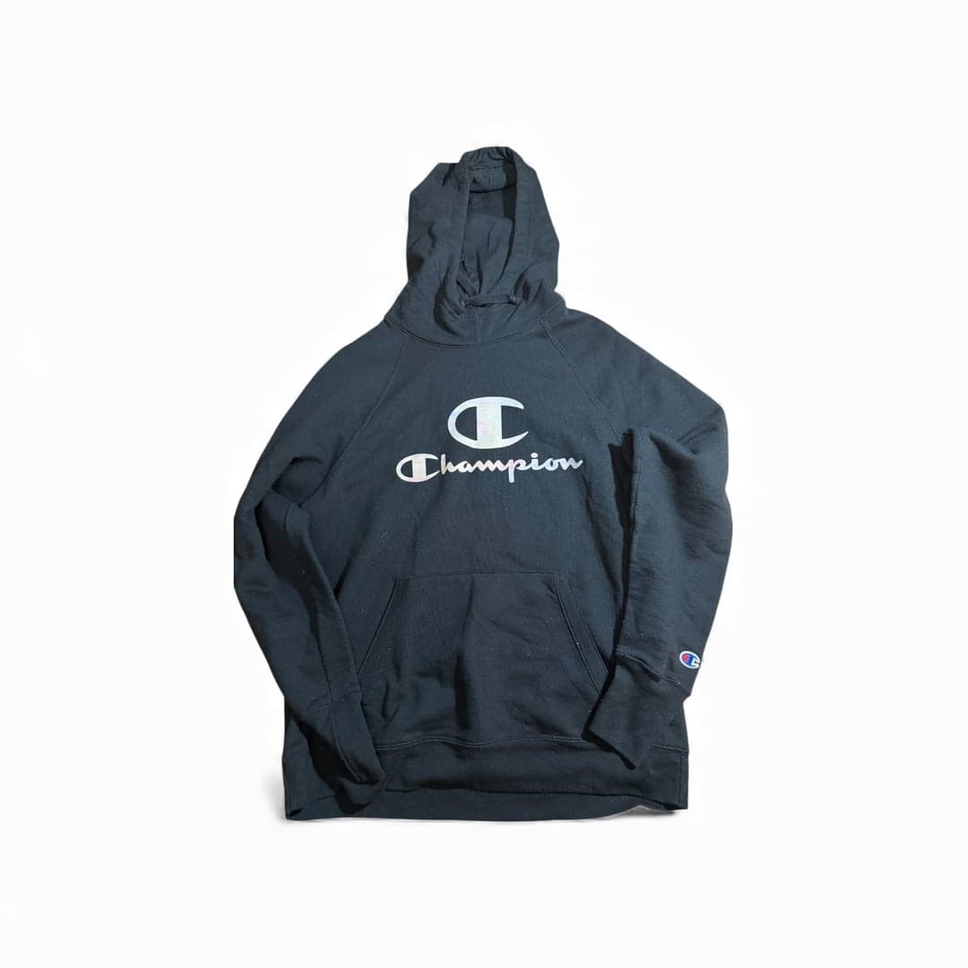 Champion Powerblend Fleece Pullover Hoodie Black Script Logo - Image 1