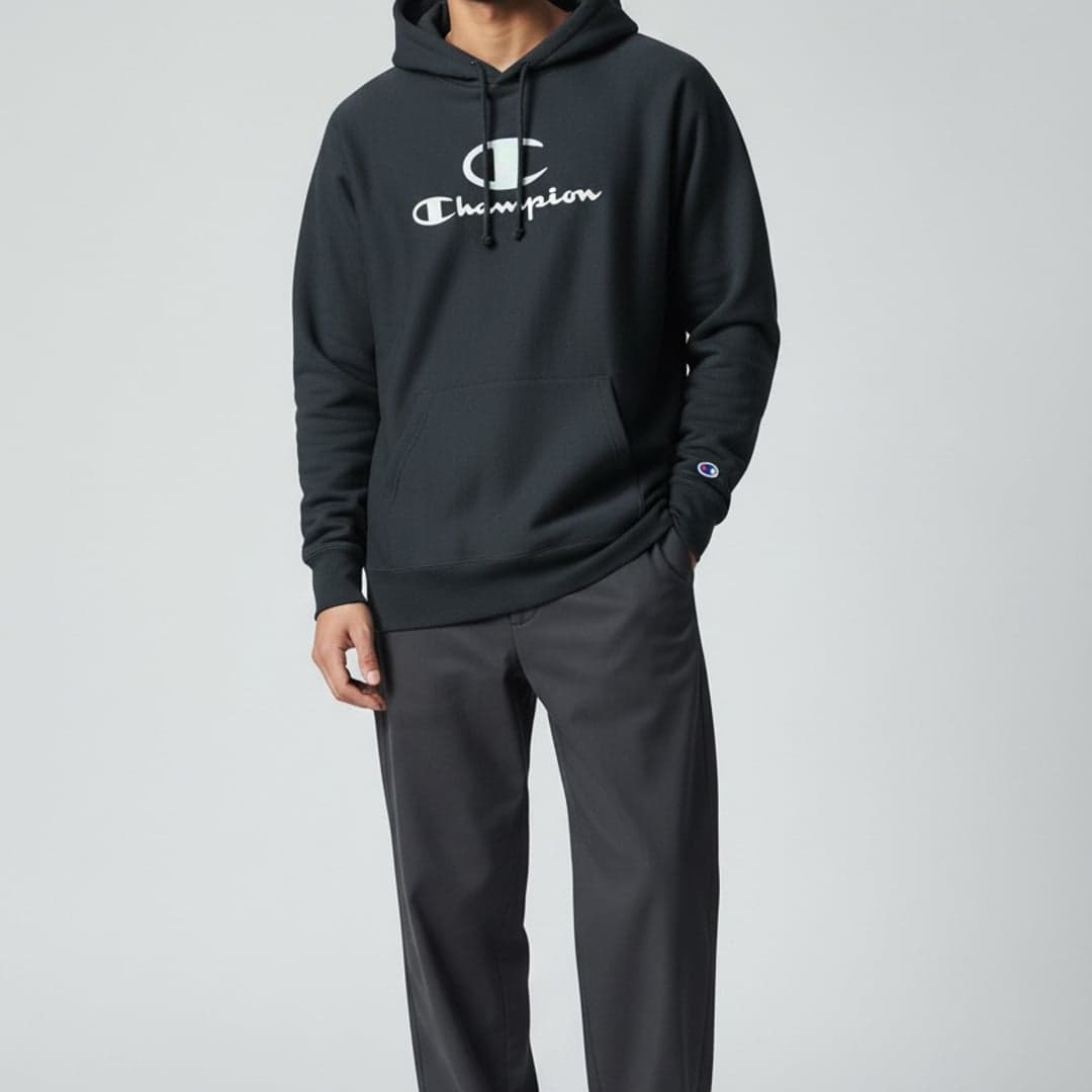 Champion Powerblend Fleece Pullover Hoodie Black Script Logo - Thumbnail 2