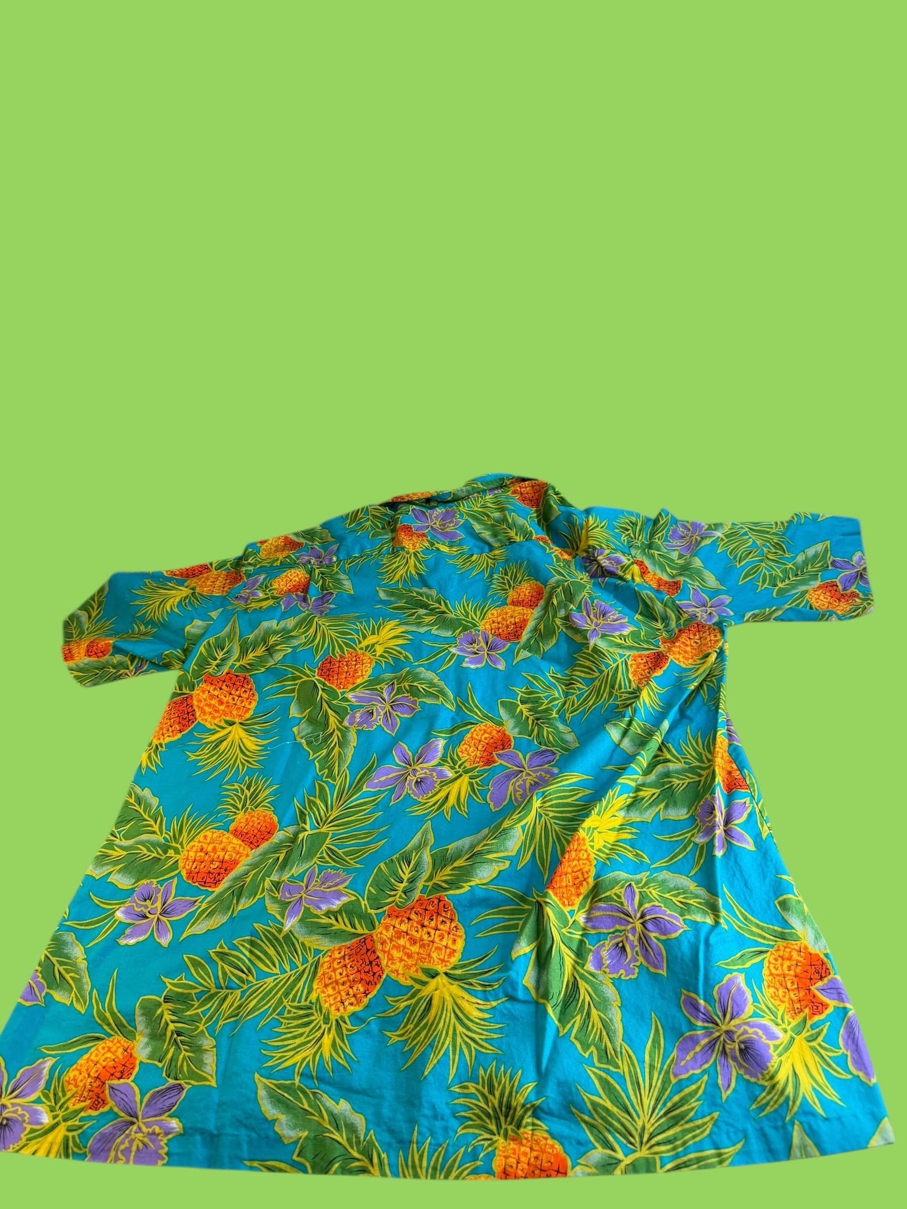 Vintage Royal Creations Aloha Shirt XL Teal Pineapple Print Camp Collar Made in - Thumbnail 2