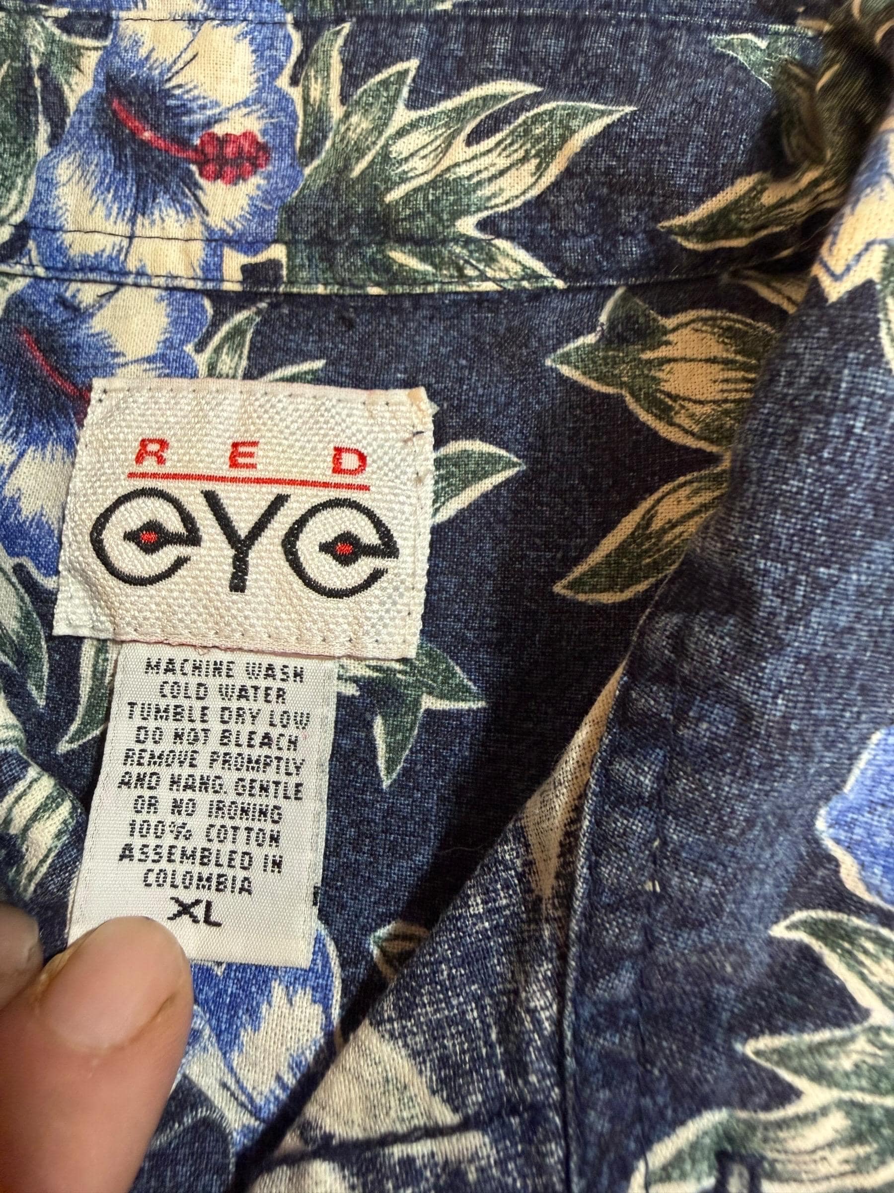 Vintage Red Eye Hawaiian Shirt XL | 90s Floral Chambray Aloha Short Sleeve Cotto - Thumbnail 5