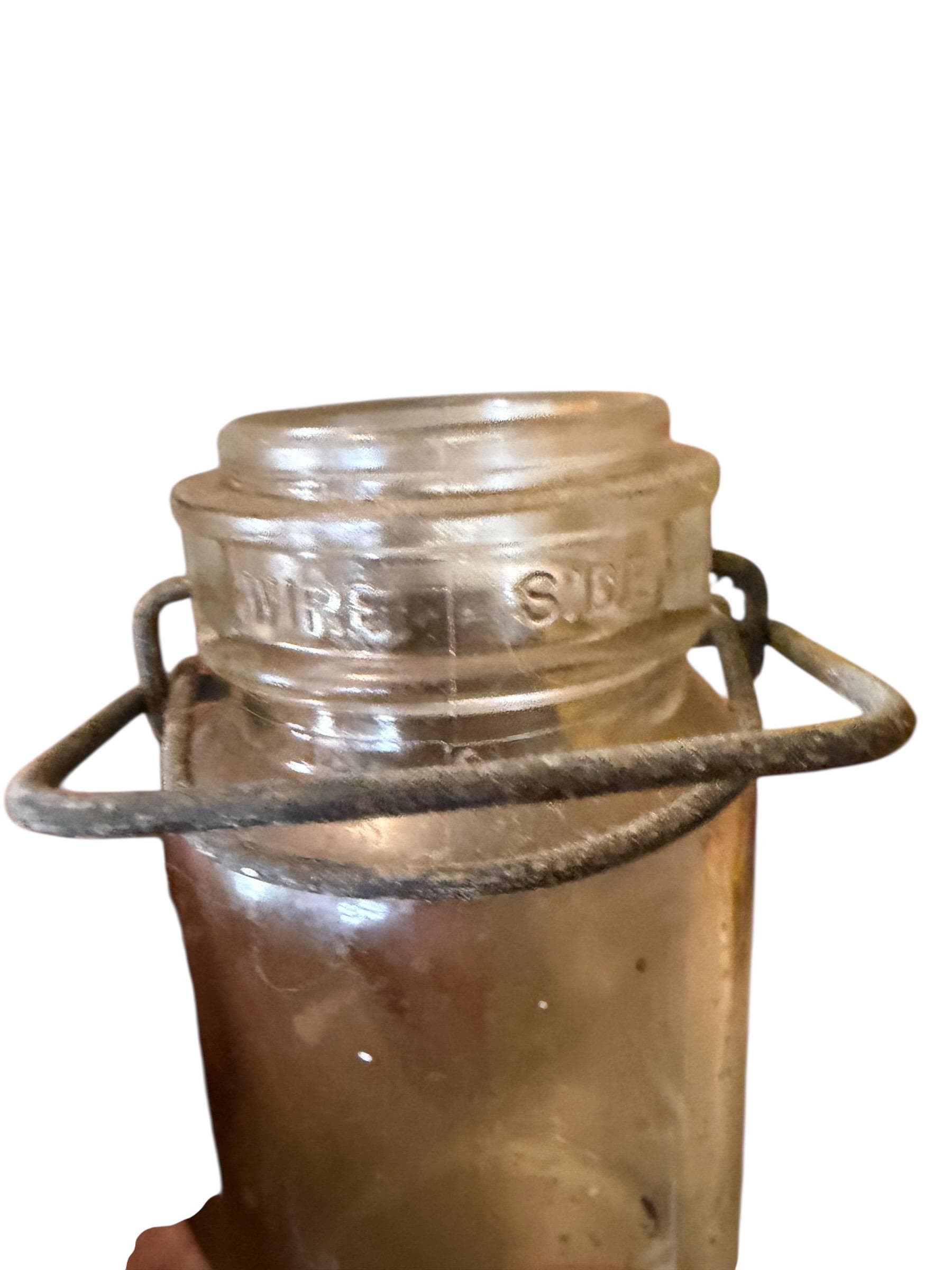 Vintage Wire Bail Glass Pantry Jar Early 1900s Farmhouse Storage - Thumbnail 3