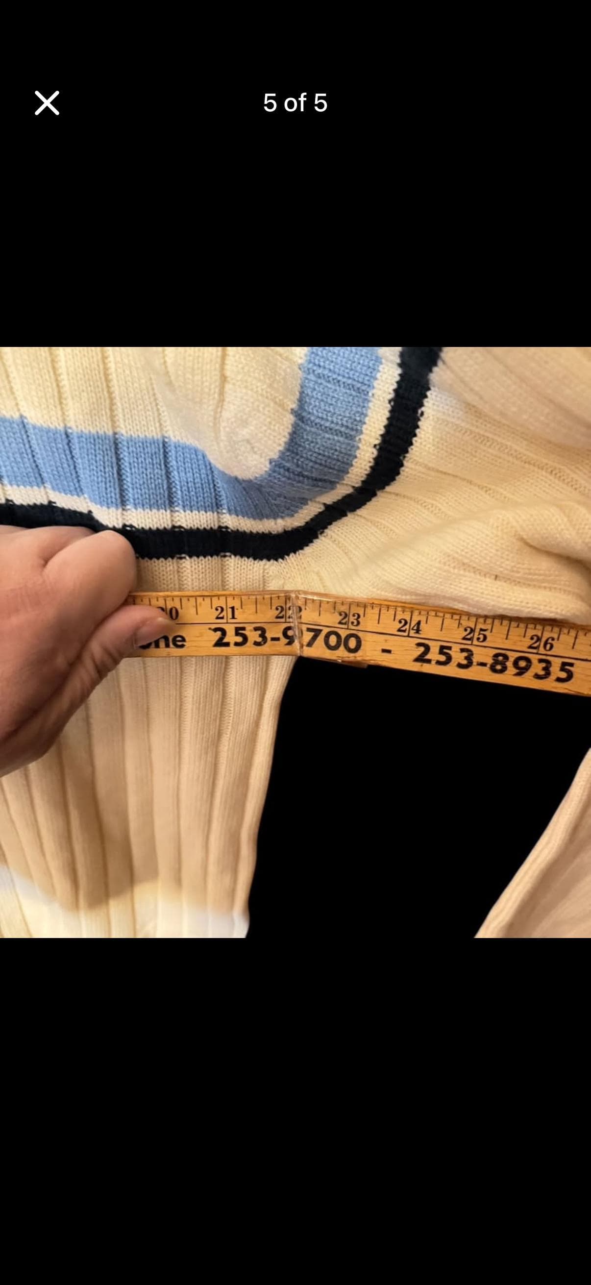 Vintage TUTU Ribbed Knit Sweater Men’s XL Cream Blue Stripe Crewneck - Thumbnail 5