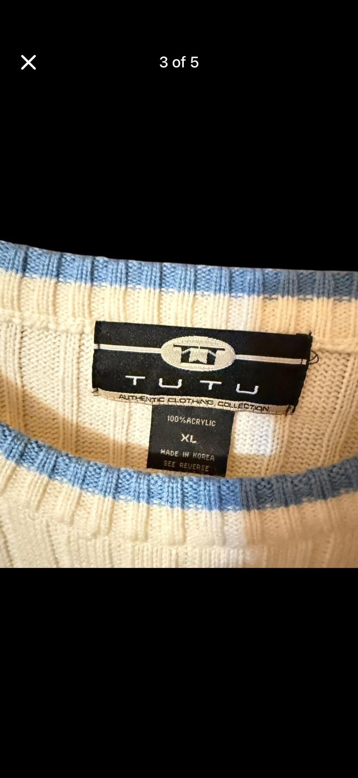 Vintage TUTU Ribbed Knit Sweater Men’s XL Cream Blue Stripe Crewneck - Thumbnail 3