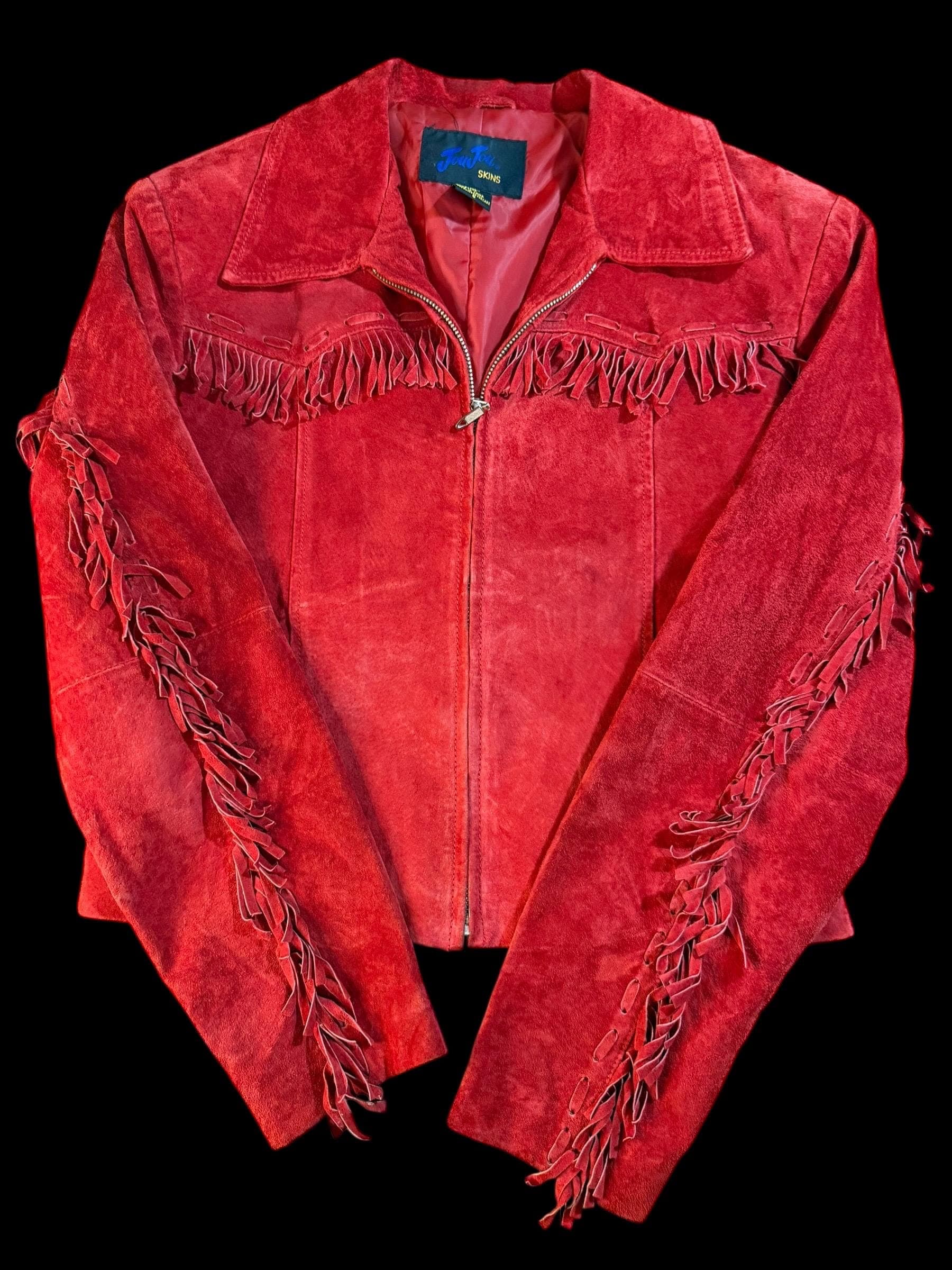 Vintage 90s JouJou Skins Red Suede Fringe Western Jacket | 100% Leather | Size Small | Cowgirl Boho Festival - Image 1