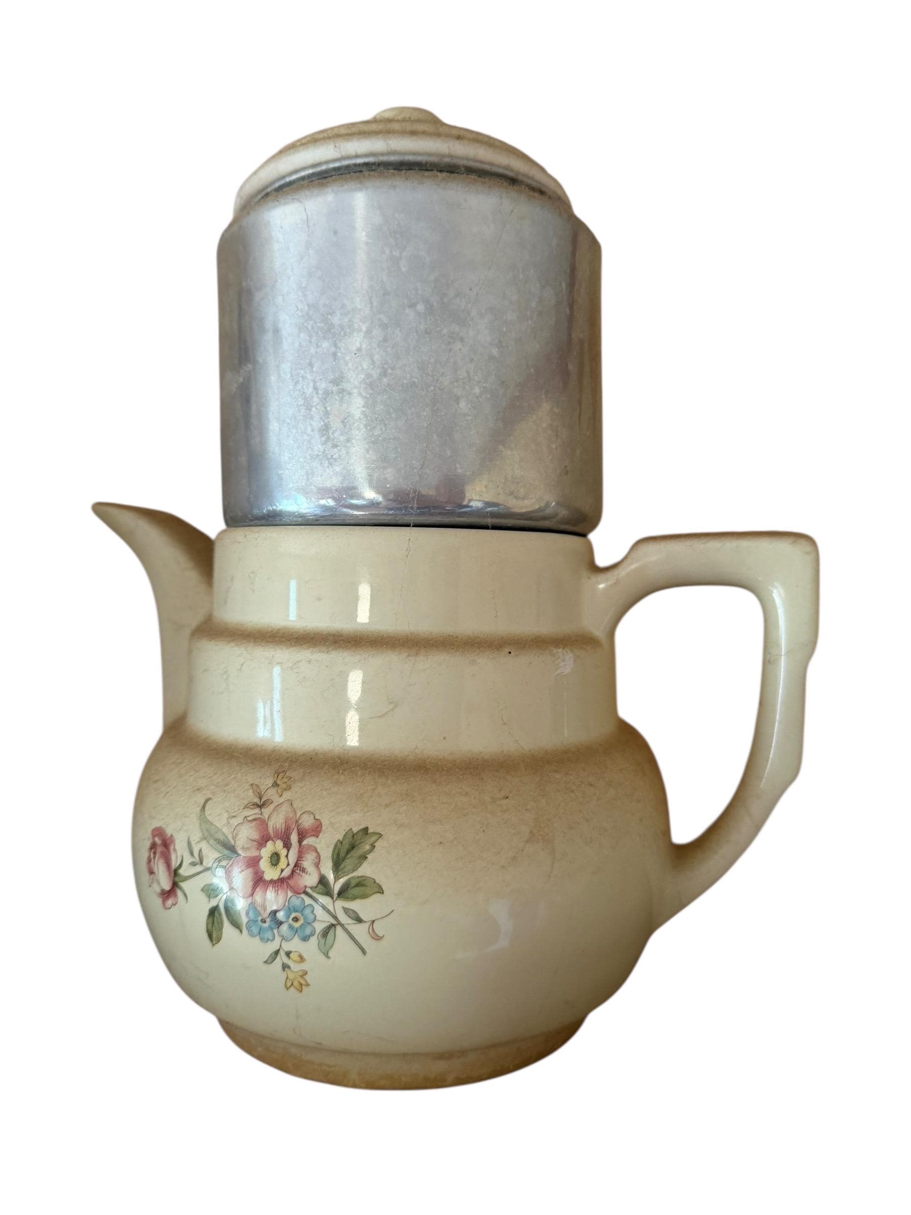 Vintage Floral Ceramic Drip Coffee Pot, Mid Century Kitchen Decor - Image 1