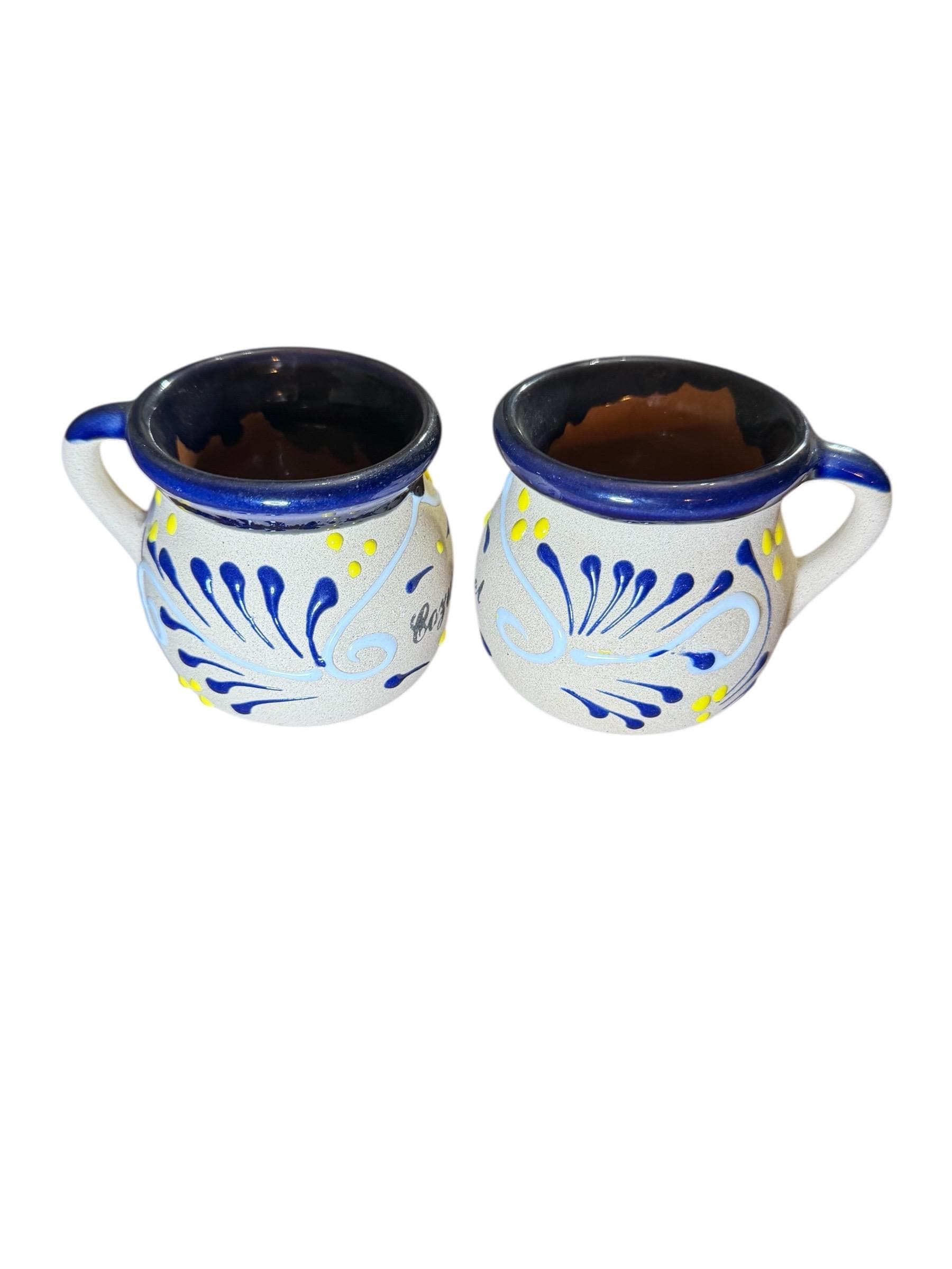 Handmade Mexican Folk Art Stoneware Mugs Set of 2 Blue Yellow - Thumbnail 2