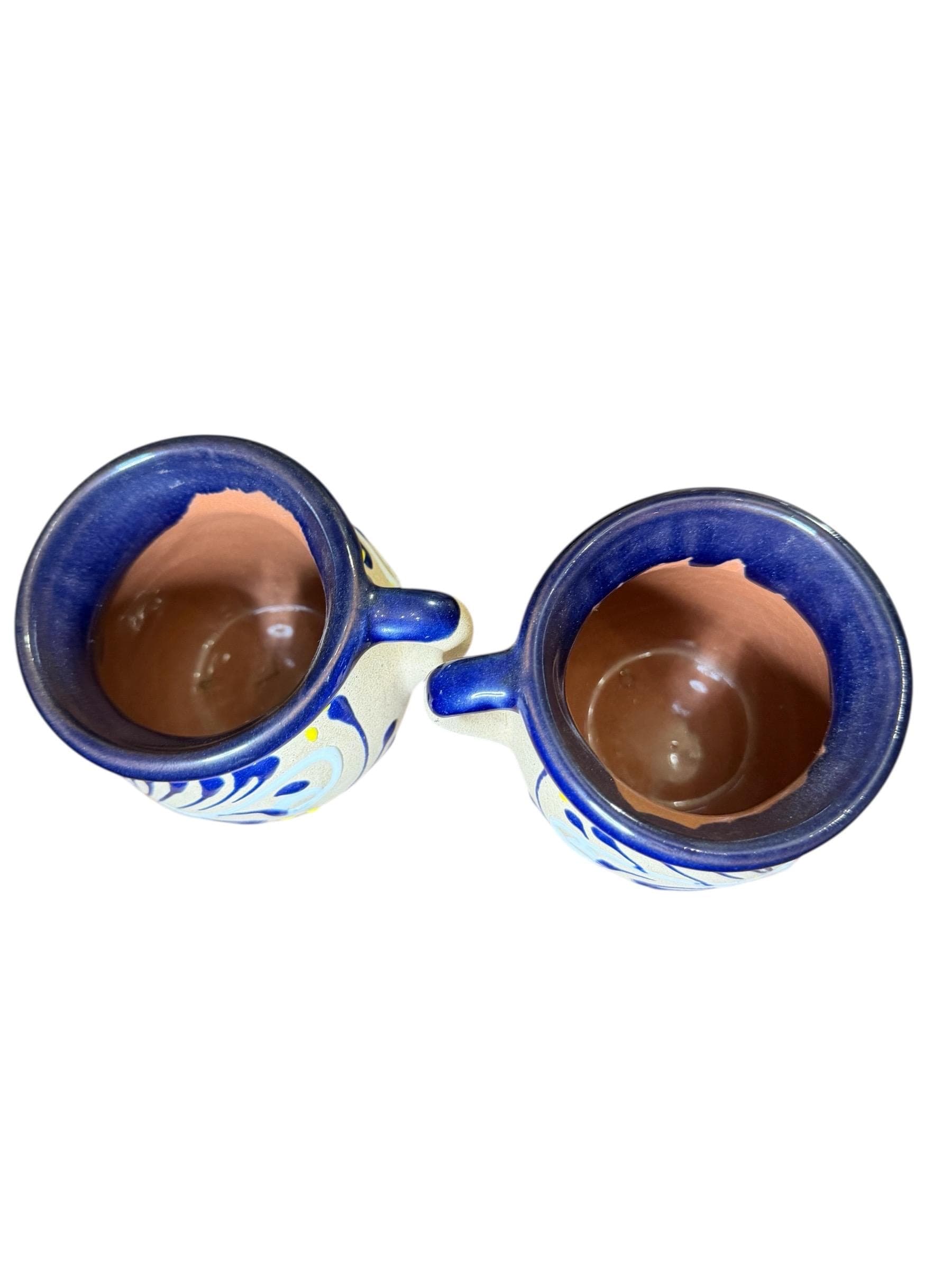 Handmade Mexican Folk Art Stoneware Mugs Set of 2 Blue Yellow - Thumbnail 5