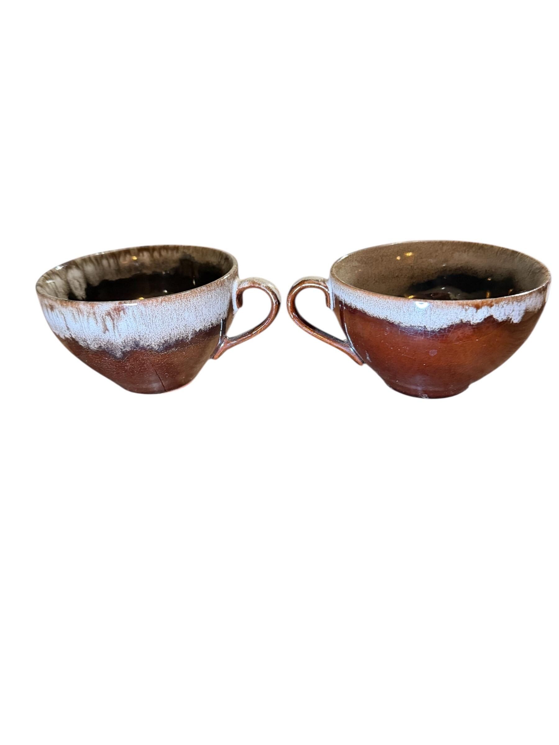 Vintage Brown Drip Glaze Stoneware Tea Cups Mid Century Studio Pottery Pair - Thumbnail 2