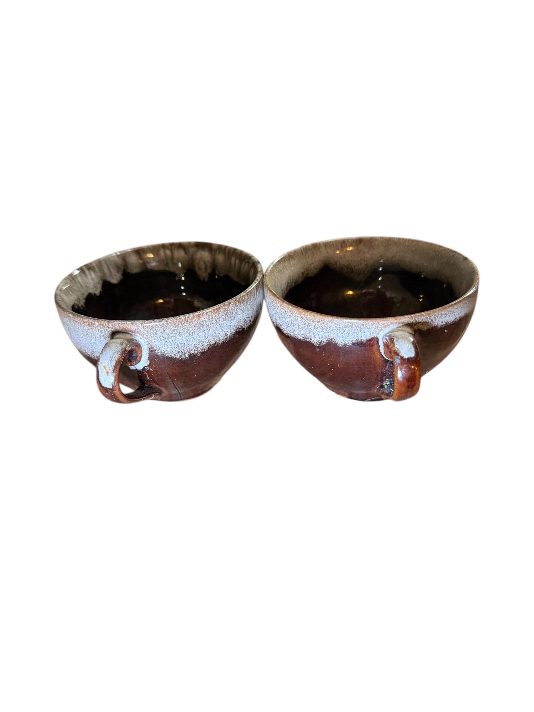 Vintage Brown Drip Glaze Stoneware Tea Cups Mid Century Studio Pottery Pair - Thumbnail 3