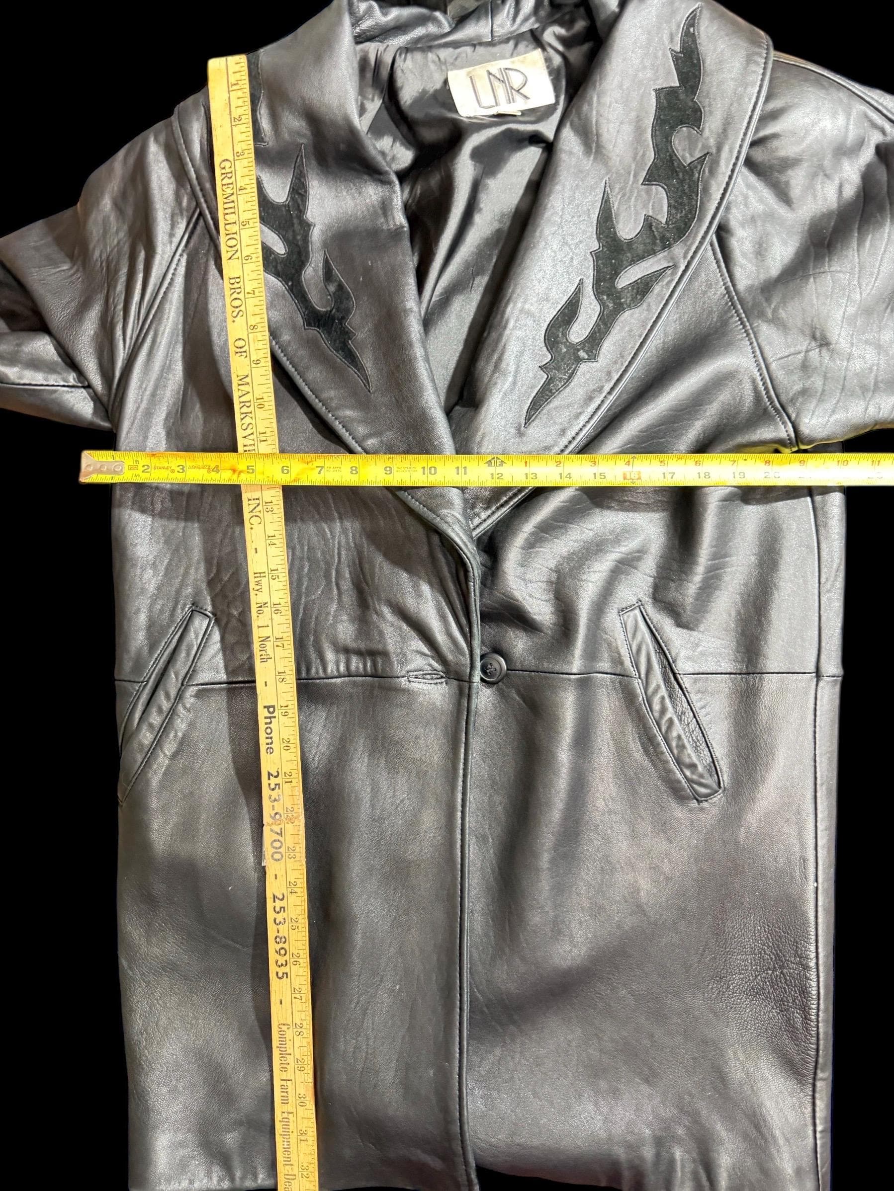 Vintage Y2K Black Leather Coat Flame Lapel LNR Size Large - Thumbnail 7