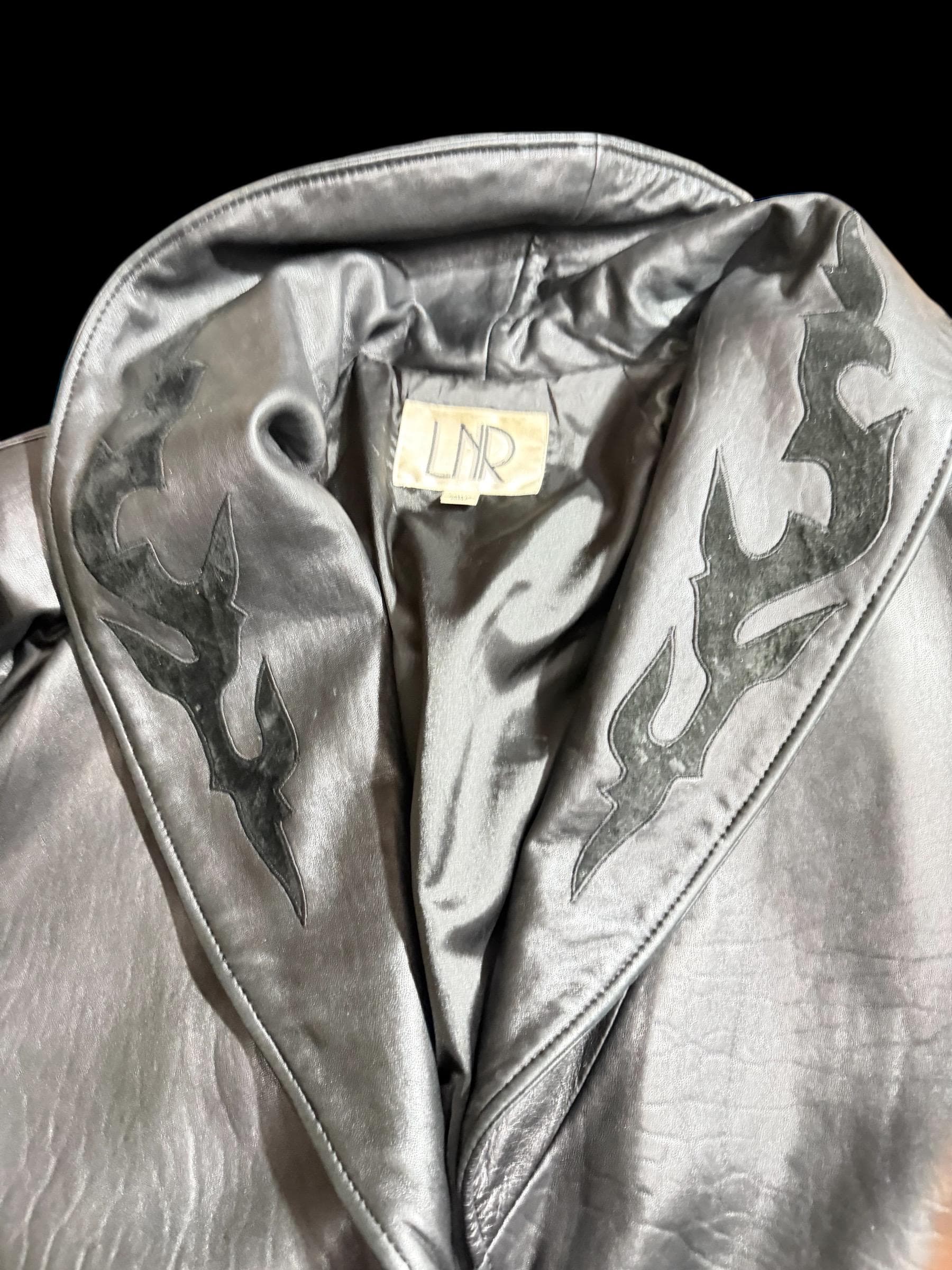Vintage Y2K Black Leather Coat Flame Lapel LNR Size Large - Thumbnail 3