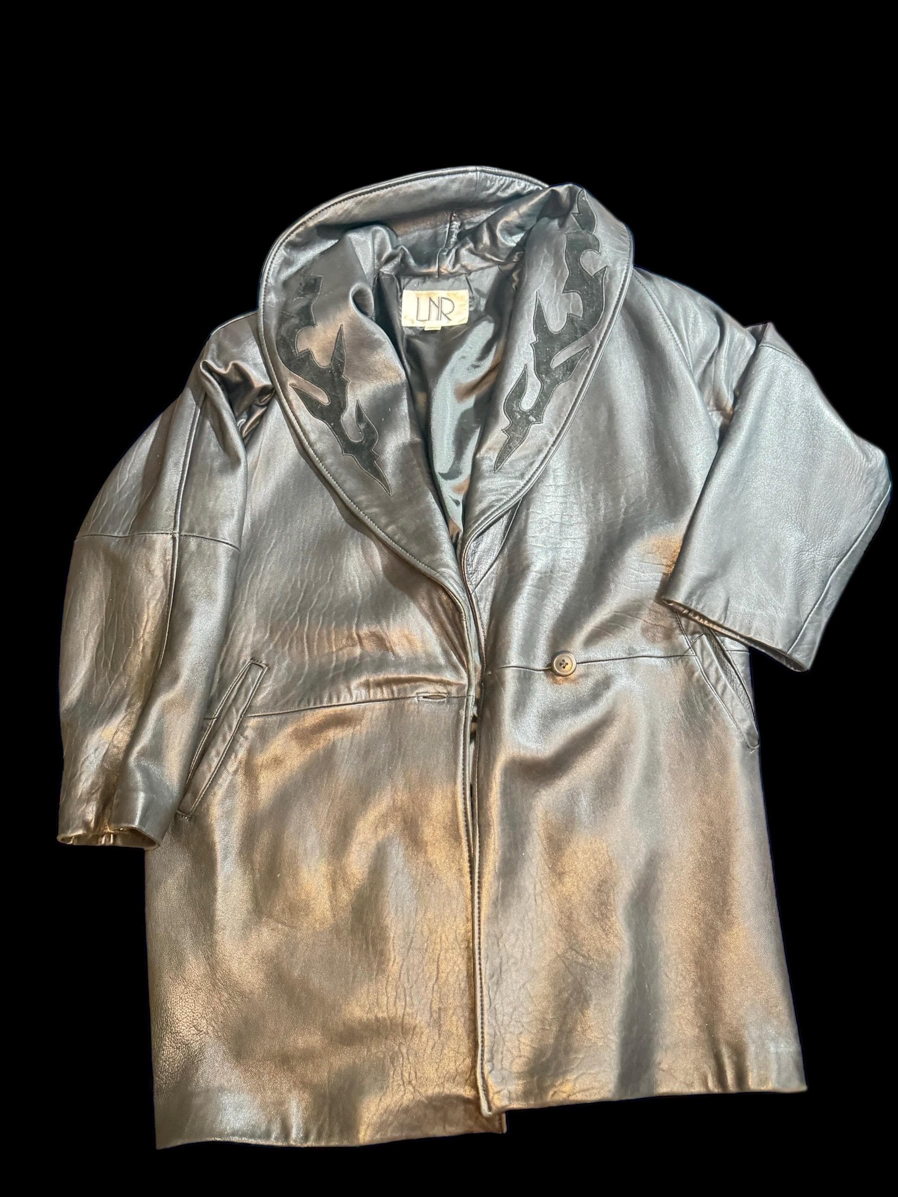 Vintage Y2K Black Leather Coat Flame Lapel LNR Size Large - Image 1